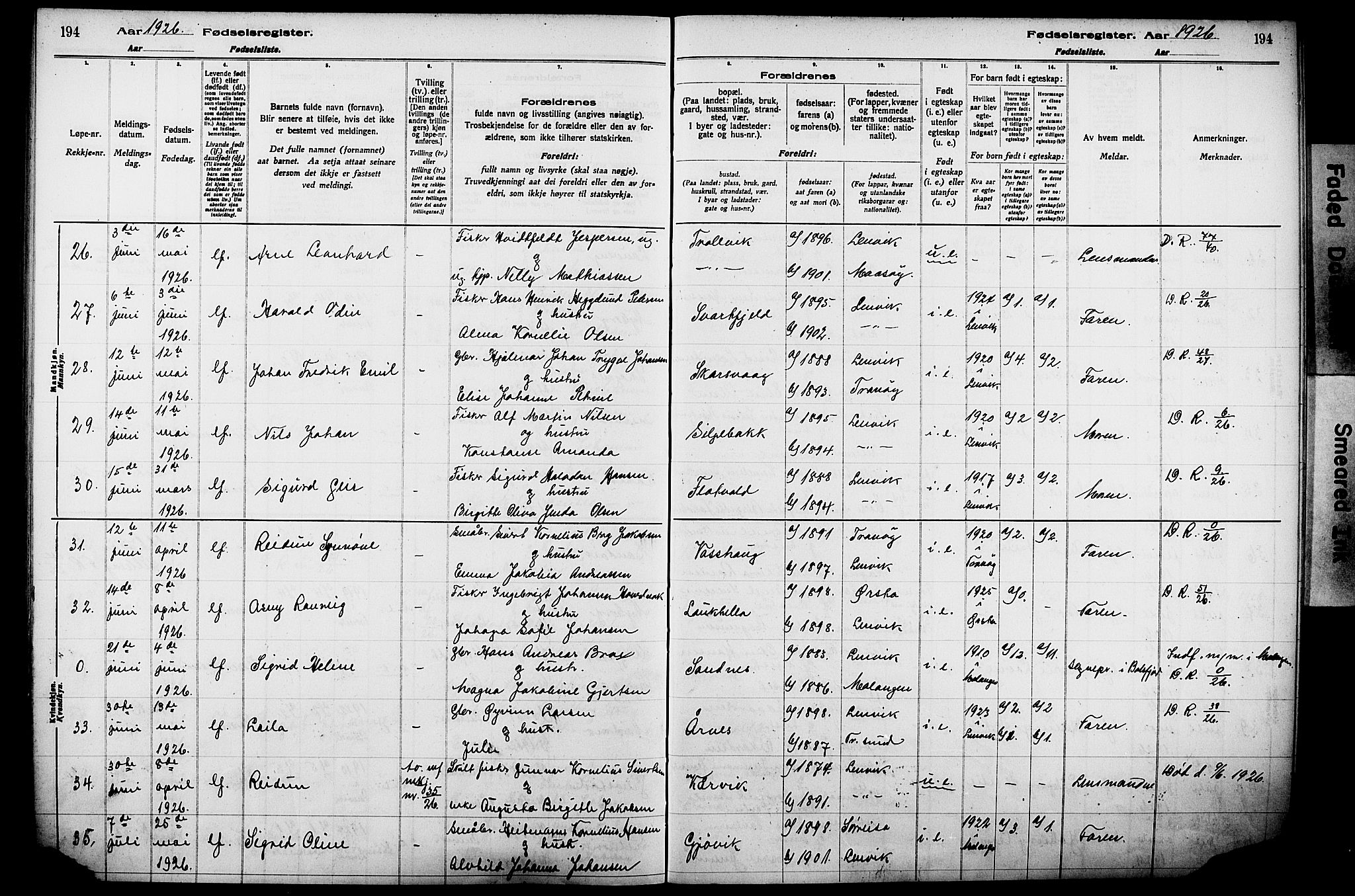 Lenvik sokneprestembete, SATØ/S-1310/I/Ic/L0089: Fødselsregister nr. 89, 1916-1926, s. 194