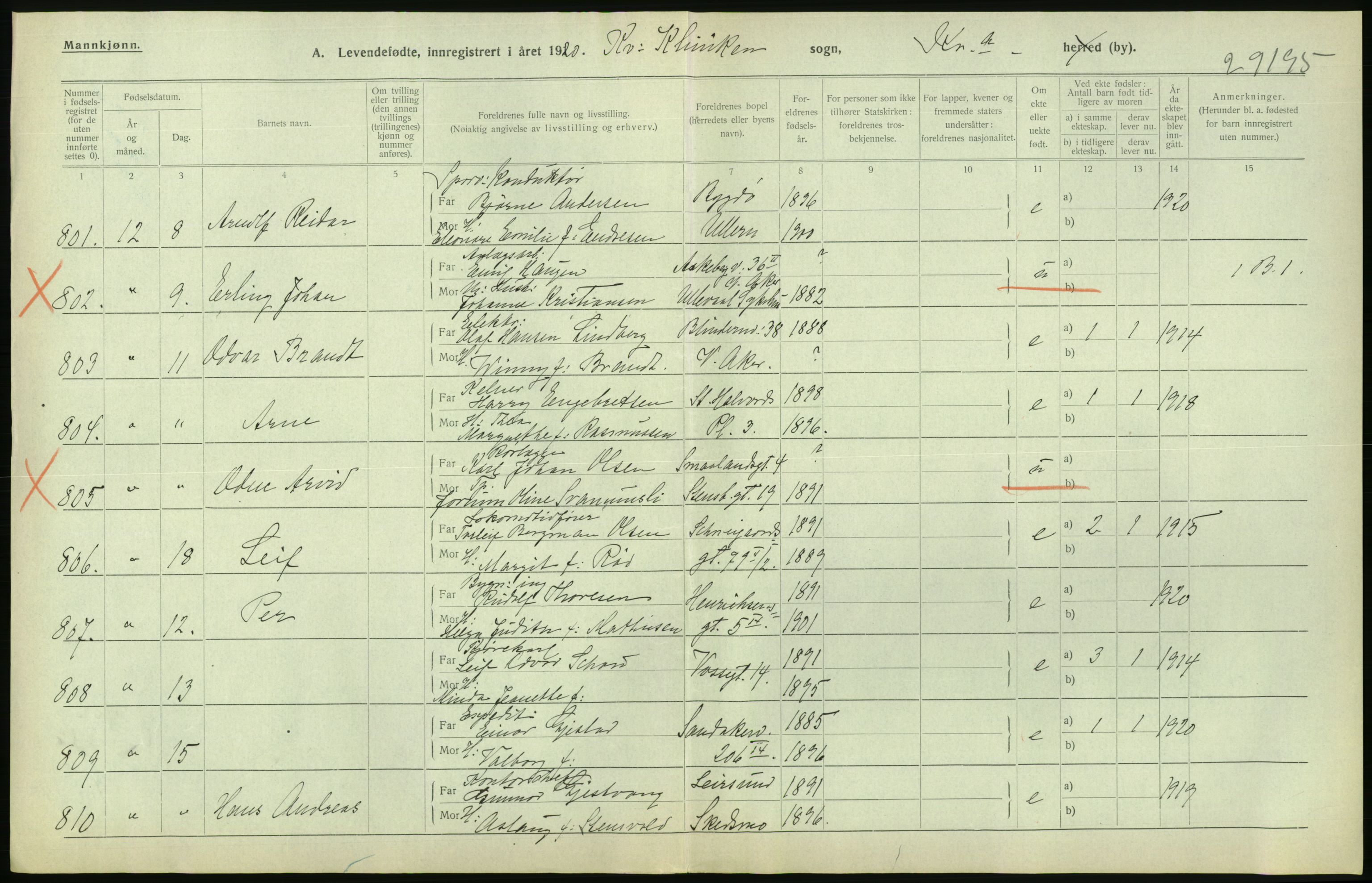 Statistisk sentralbyrå, Sosiodemografiske emner, Befolkning, RA/S-2228/D/Df/Dfb/Dfbj/L0008: Kristiania: Levendefødte menn og kvinner., 1920, s. 490