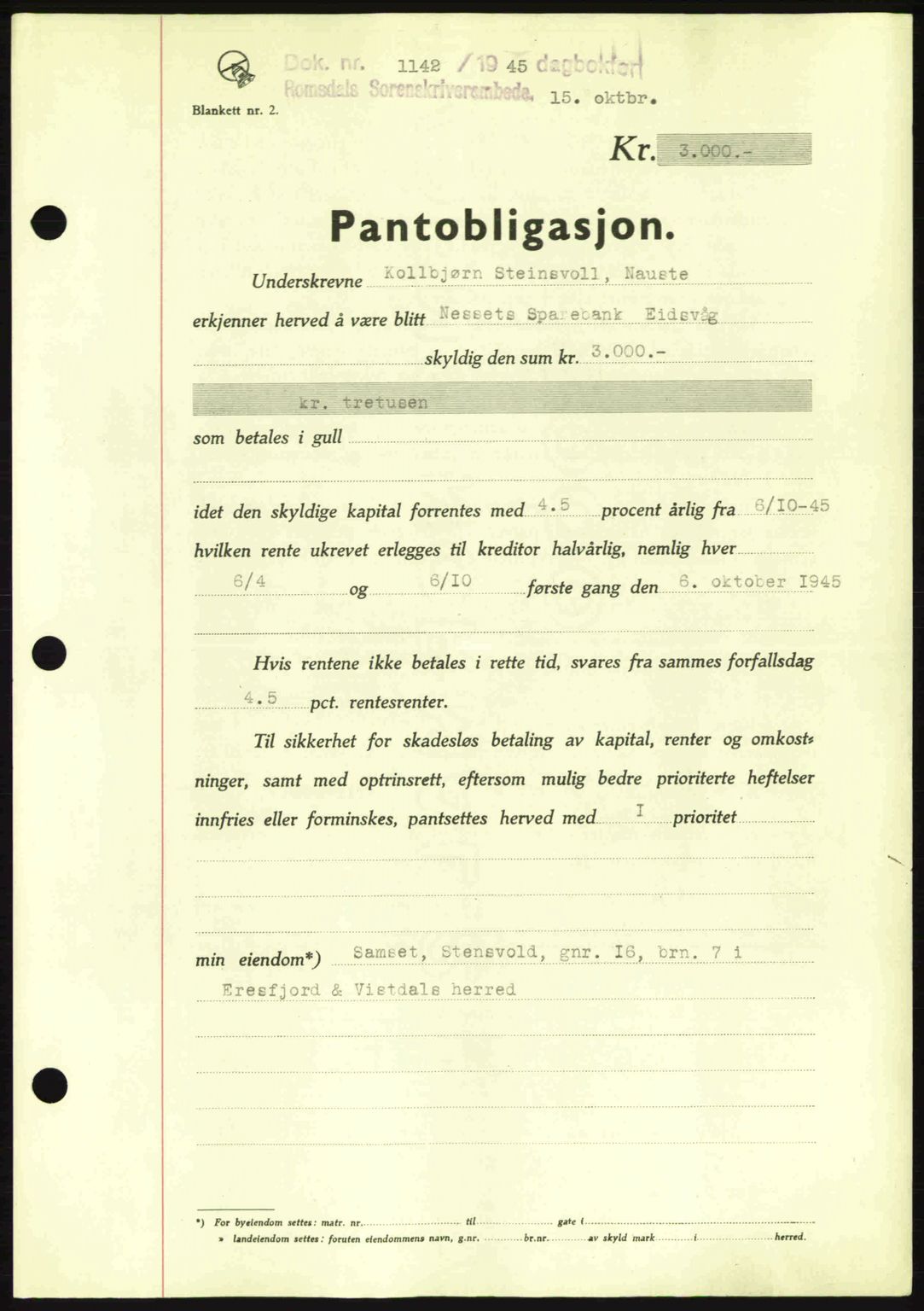 Romsdal sorenskriveri, SAT/A-4149/1/2/2C: Pantebok nr. B2, 1939-1945, Dagboknr: 1142/1945