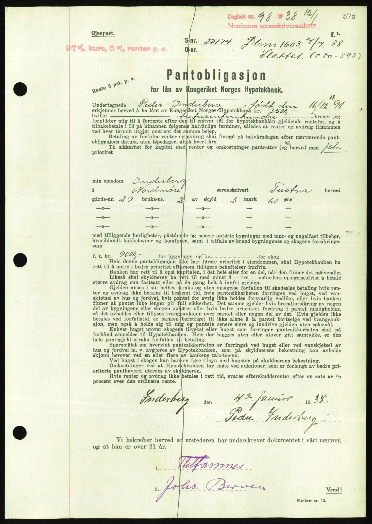 Nordmøre sorenskriveri, AV/SAT-A-4132/1/2/2Ca/L0092: Pantebok nr. B82, 1937-1938, Dagboknr: 98/1938