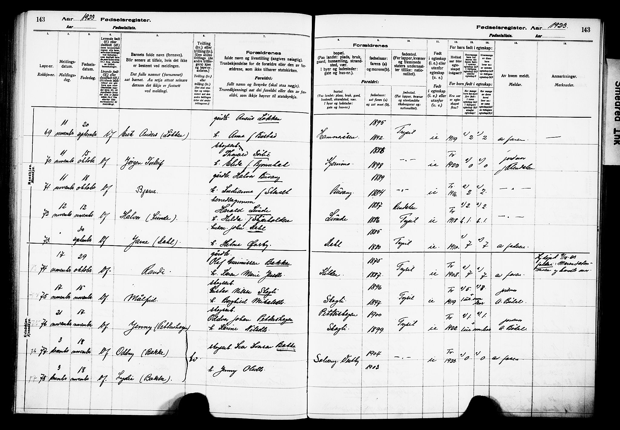 Trysil prestekontor, AV/SAH-PREST-046/I/Id/Ida/L0001: Fødselsregister nr. I 1, 1916-1927, s. 143