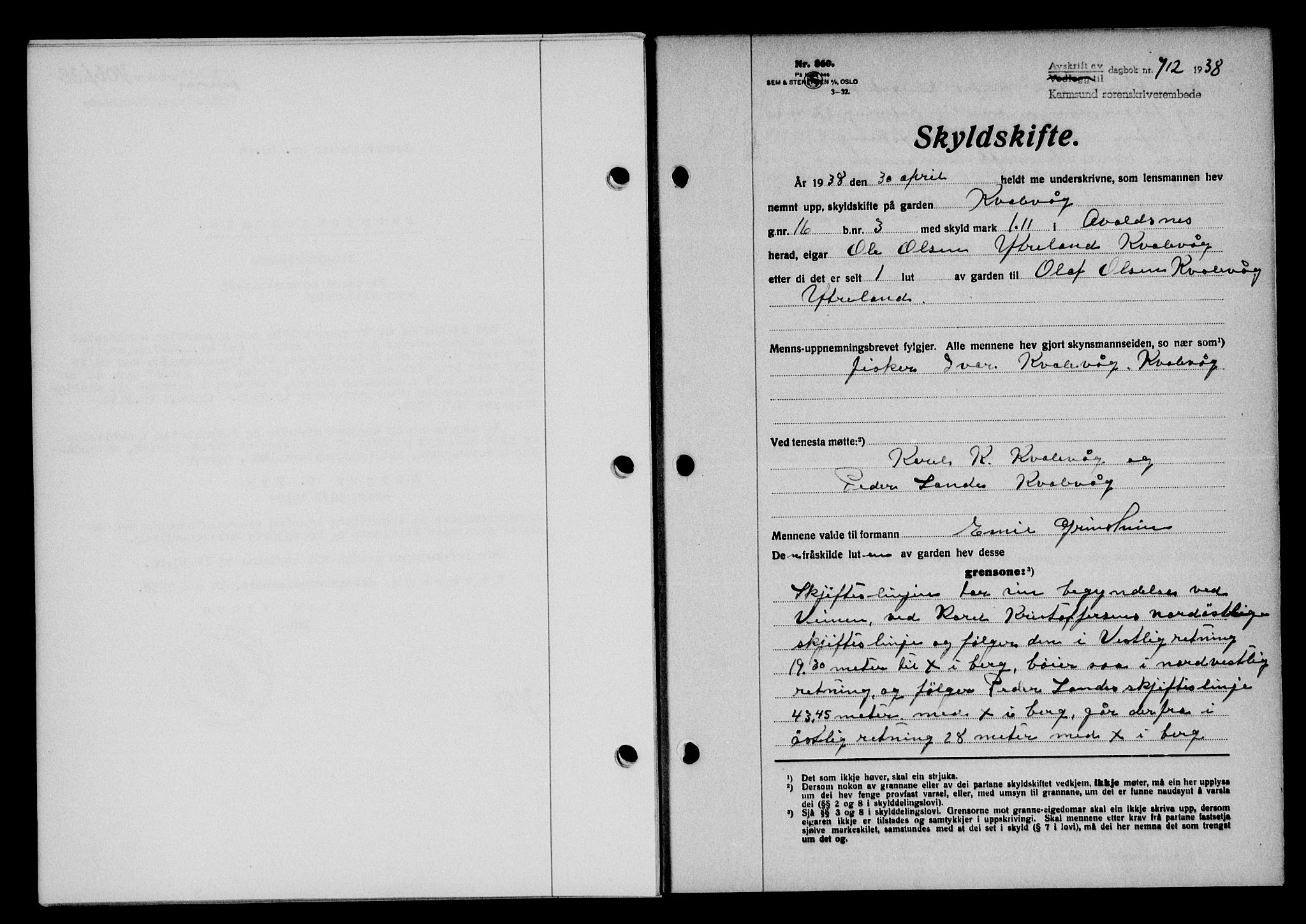 Karmsund sorenskriveri, SAST/A-100311/01/II/IIB/L0069: Pantebok nr. 50A, 1937-1938, Dagboknr: 712/1938