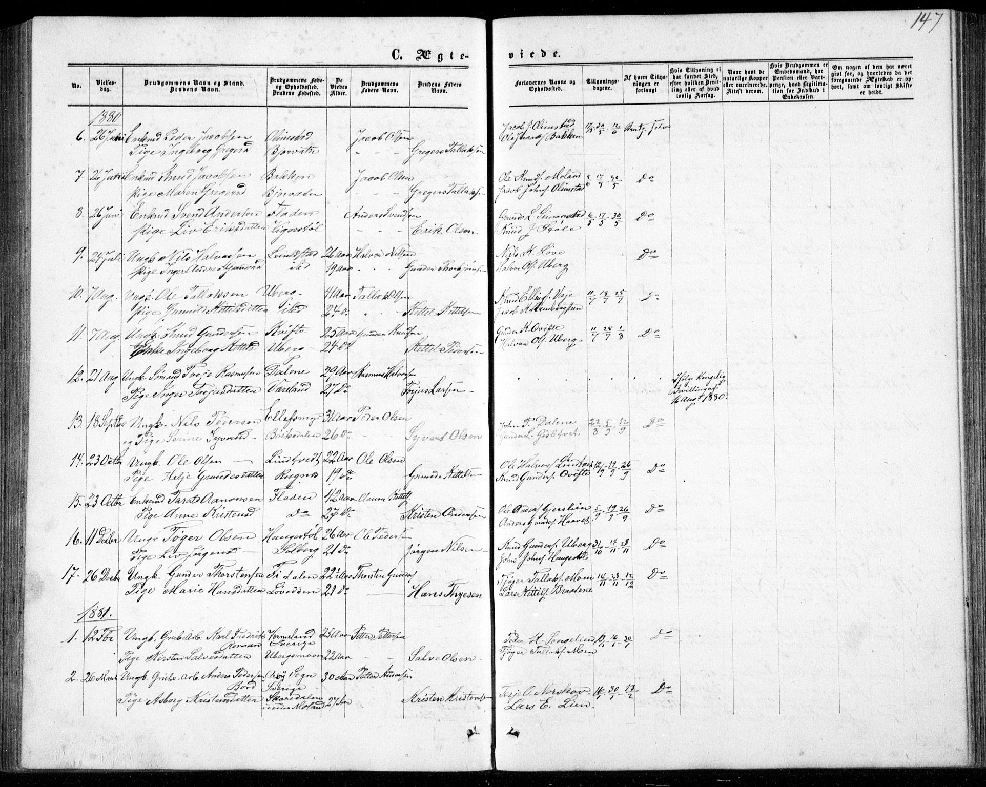 Gjerstad sokneprestkontor, SAK/1111-0014/F/Fb/Fbb/L0003: Klokkerbok nr. B 3, 1862-1889, s. 147