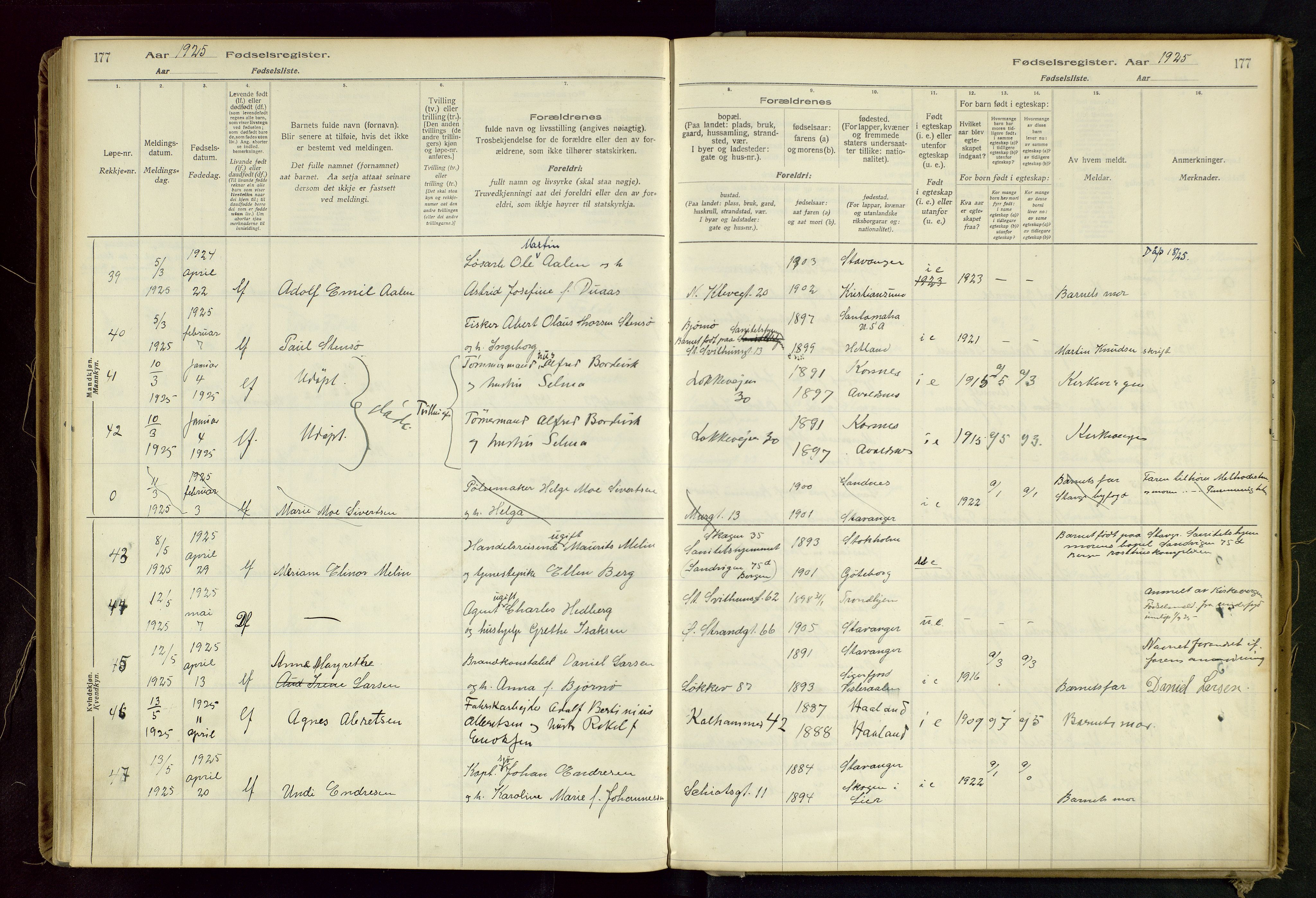 Domkirken sokneprestkontor, SAST/A-101812/002/B/L0002: Fødselsregister nr. 2, 1920-1925, s. 177