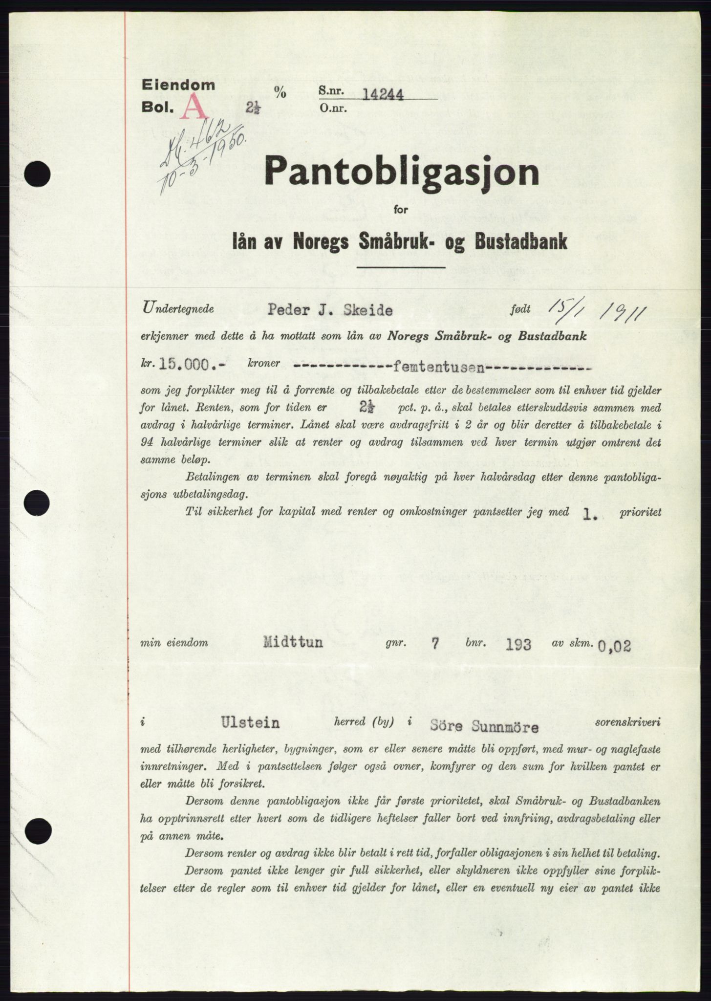 Søre Sunnmøre sorenskriveri, SAT/A-4122/1/2/2C/L0118: Pantebok nr. 6B, 1949-1950, Dagboknr: 462/1950