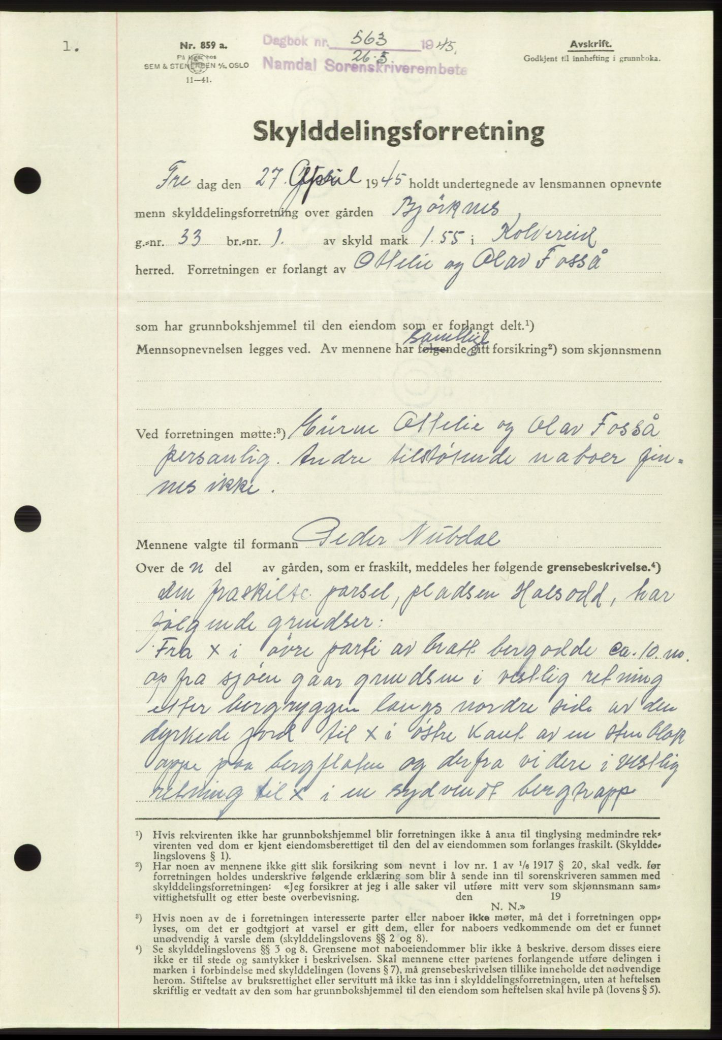 Namdal sorenskriveri, SAT/A-4133/1/2/2C: Pantebok nr. -, 1944-1945, Dagboknr: 563/1945