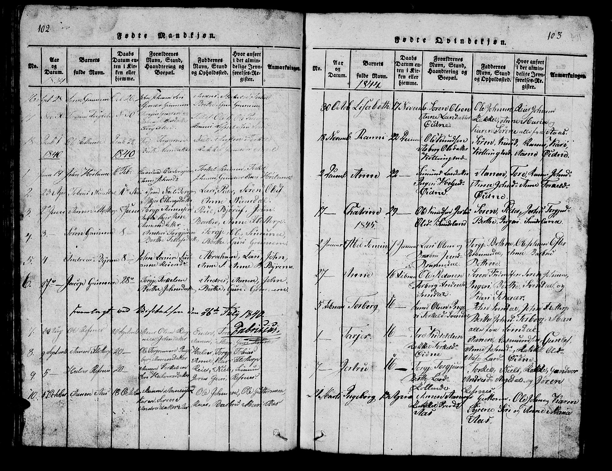 Bjelland sokneprestkontor, SAK/1111-0005/F/Fb/Fbc/L0001: Klokkerbok nr. B 1, 1815-1870, s. 102-103