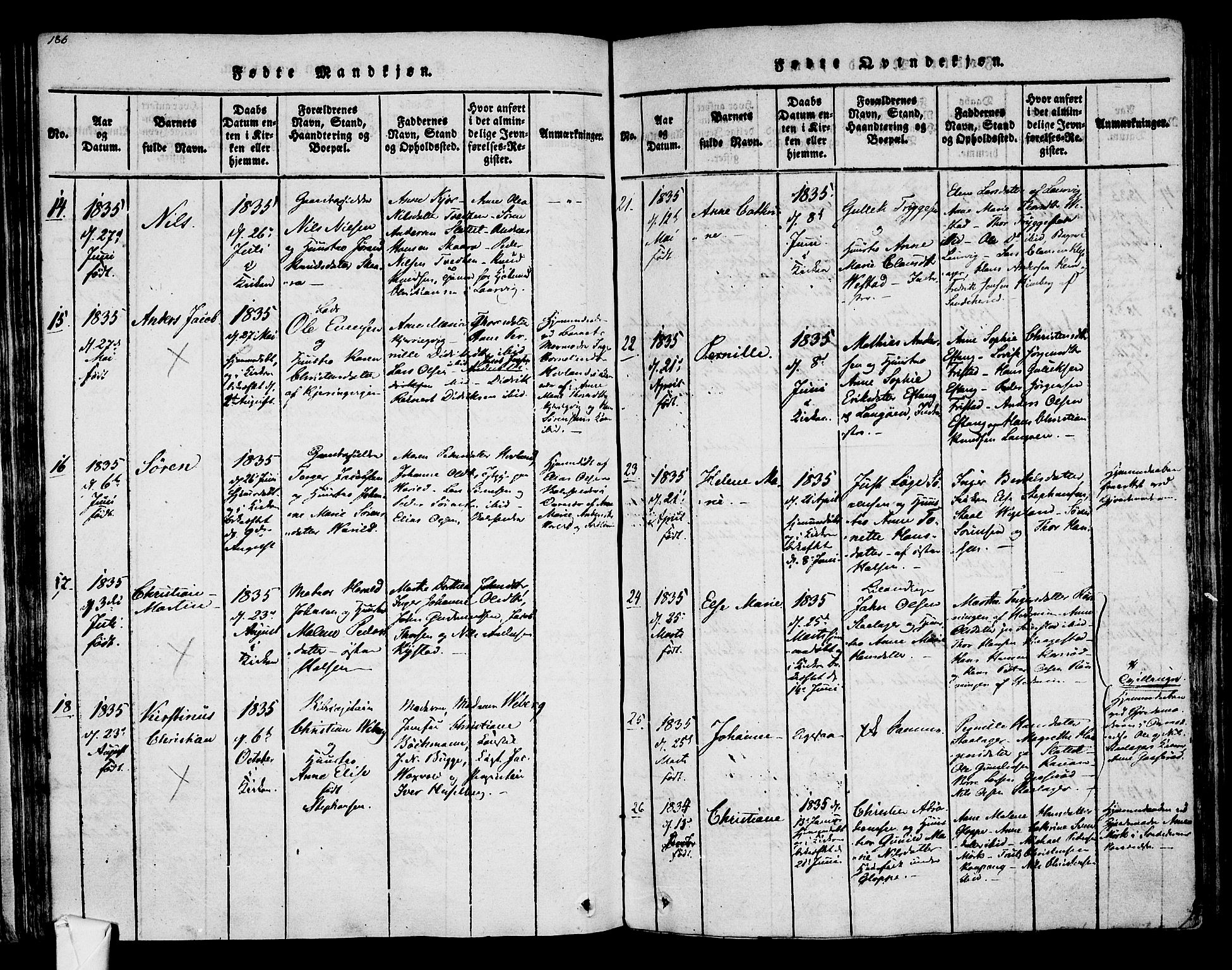 Tjølling kirkebøker, AV/SAKO-A-60/F/Fa/L0005: Ministerialbok nr. 5, 1814-1836, s. 186-187