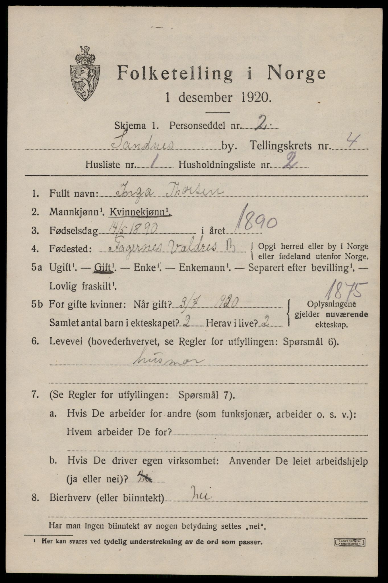 SAST, Folketelling 1920 for 1102 Sandnes ladested, 1920, s. 4214