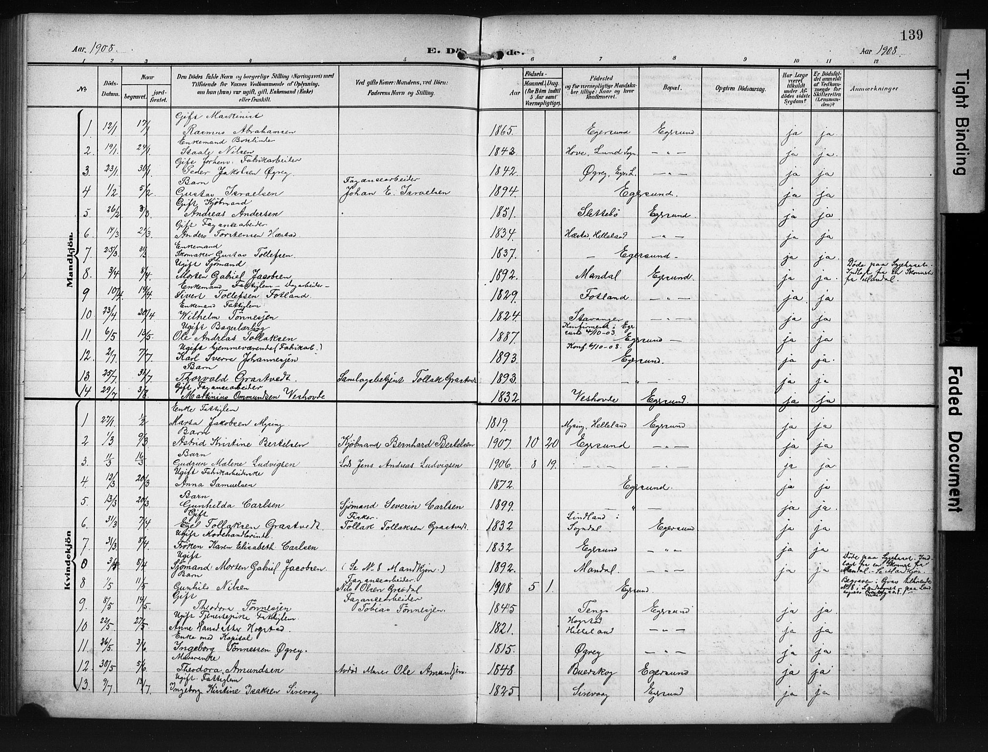 Eigersund sokneprestkontor, AV/SAST-A-101807/S09/L0012: Klokkerbok nr. B 12, 1908-1930, s. 139