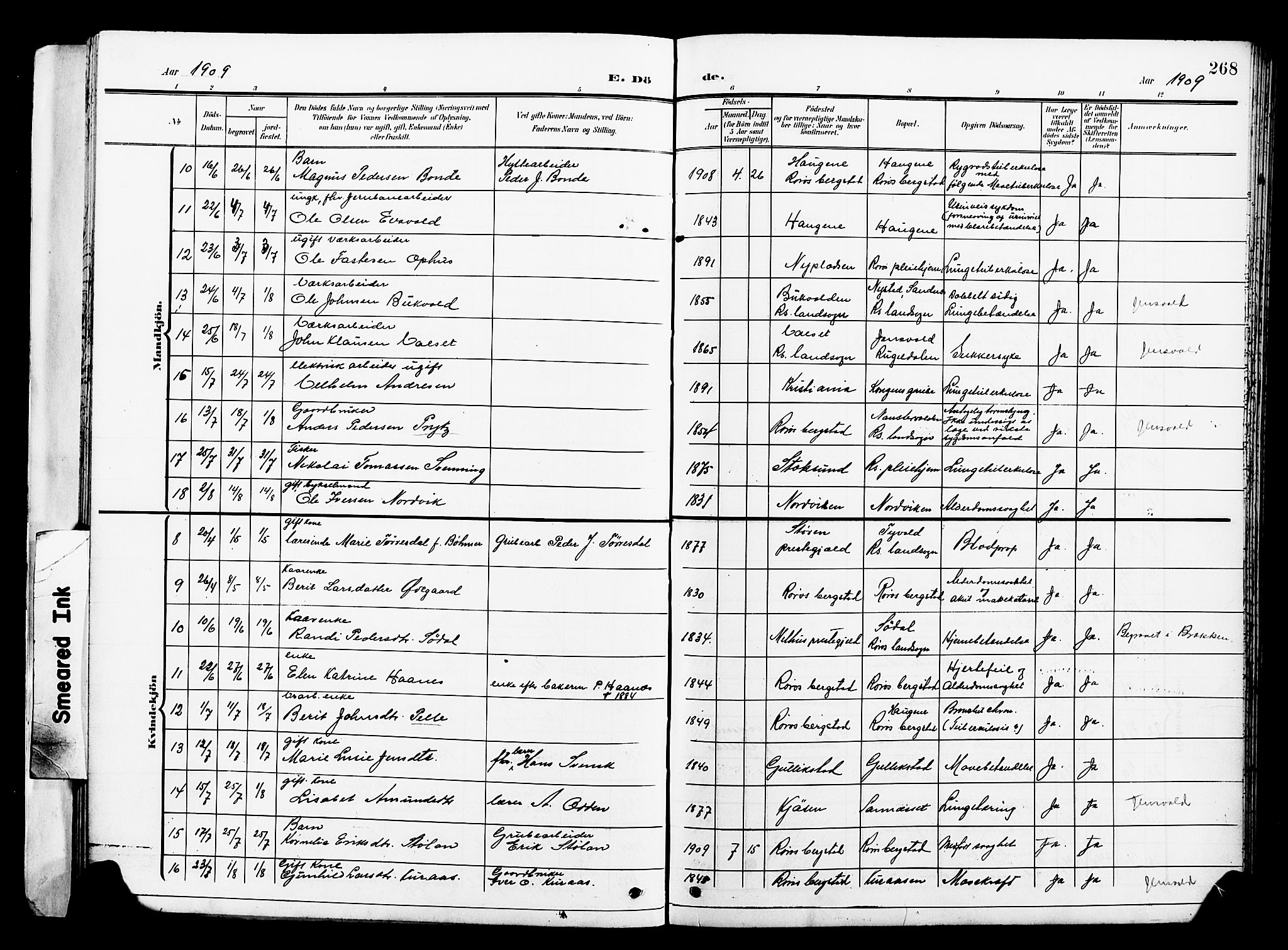 Ministerialprotokoller, klokkerbøker og fødselsregistre - Sør-Trøndelag, AV/SAT-A-1456/681/L0942: Klokkerbok nr. 681C06, 1906-1925, s. 268