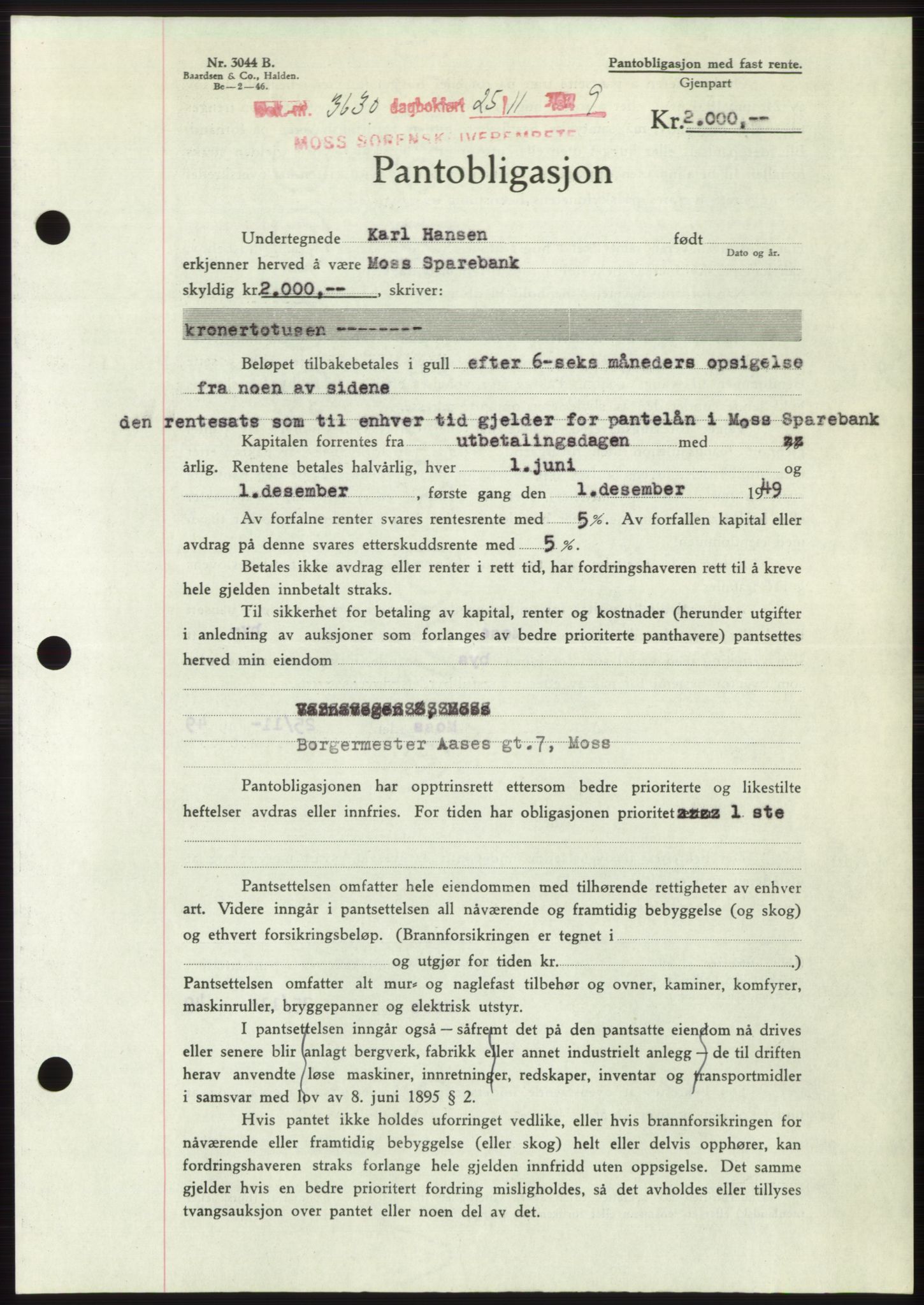 Moss sorenskriveri, SAO/A-10168: Pantebok nr. B23, 1949-1950, Dagboknr: 3630/1949