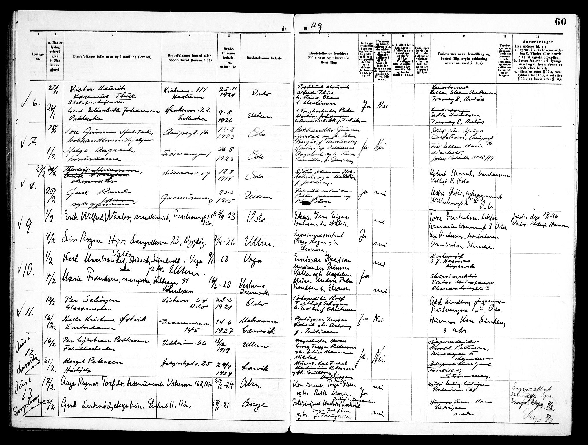 Ullern prestekontor Kirkebøker, AV/SAO-A-10740/H/L0005: Lysningsprotokoll nr. 5, 1946-1951, s. 60