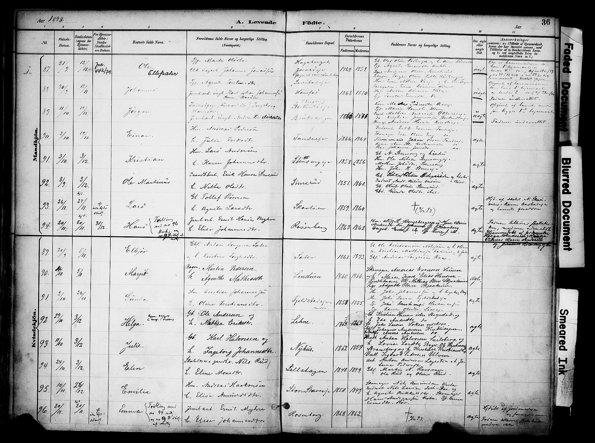 Ringsaker prestekontor, AV/SAH-PREST-014/K/Ka/L0017: Ministerialbok nr. 17, 1891-1902, s. 36