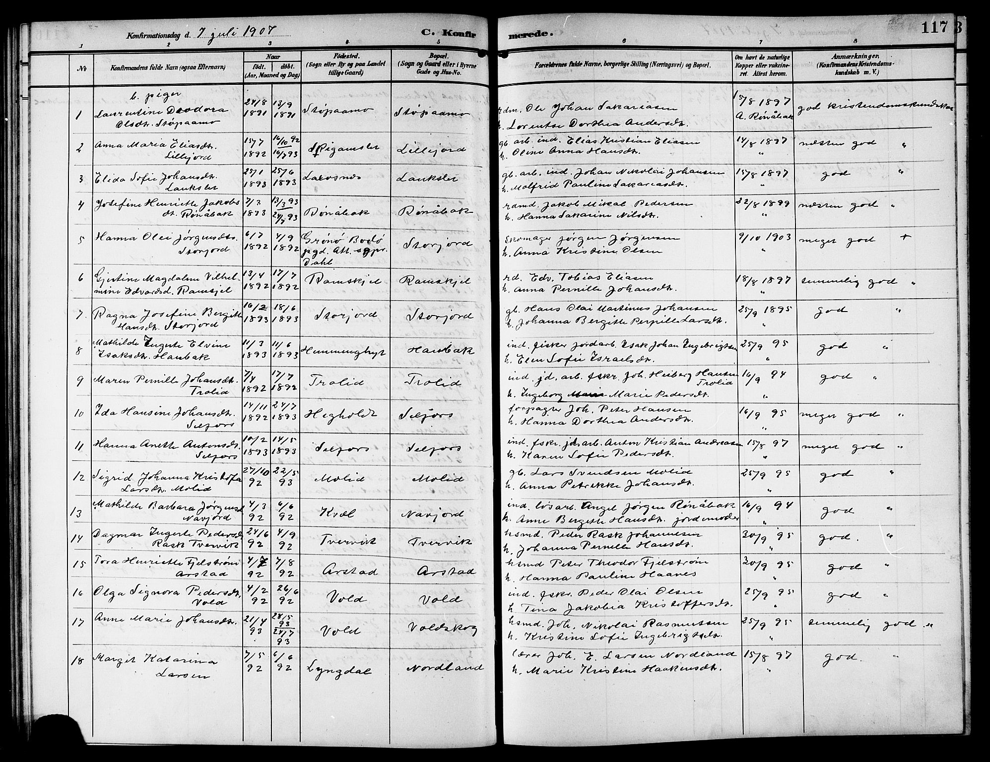 Ministerialprotokoller, klokkerbøker og fødselsregistre - Nordland, SAT/A-1459/846/L0655: Klokkerbok nr. 846C05, 1902-1916, s. 117