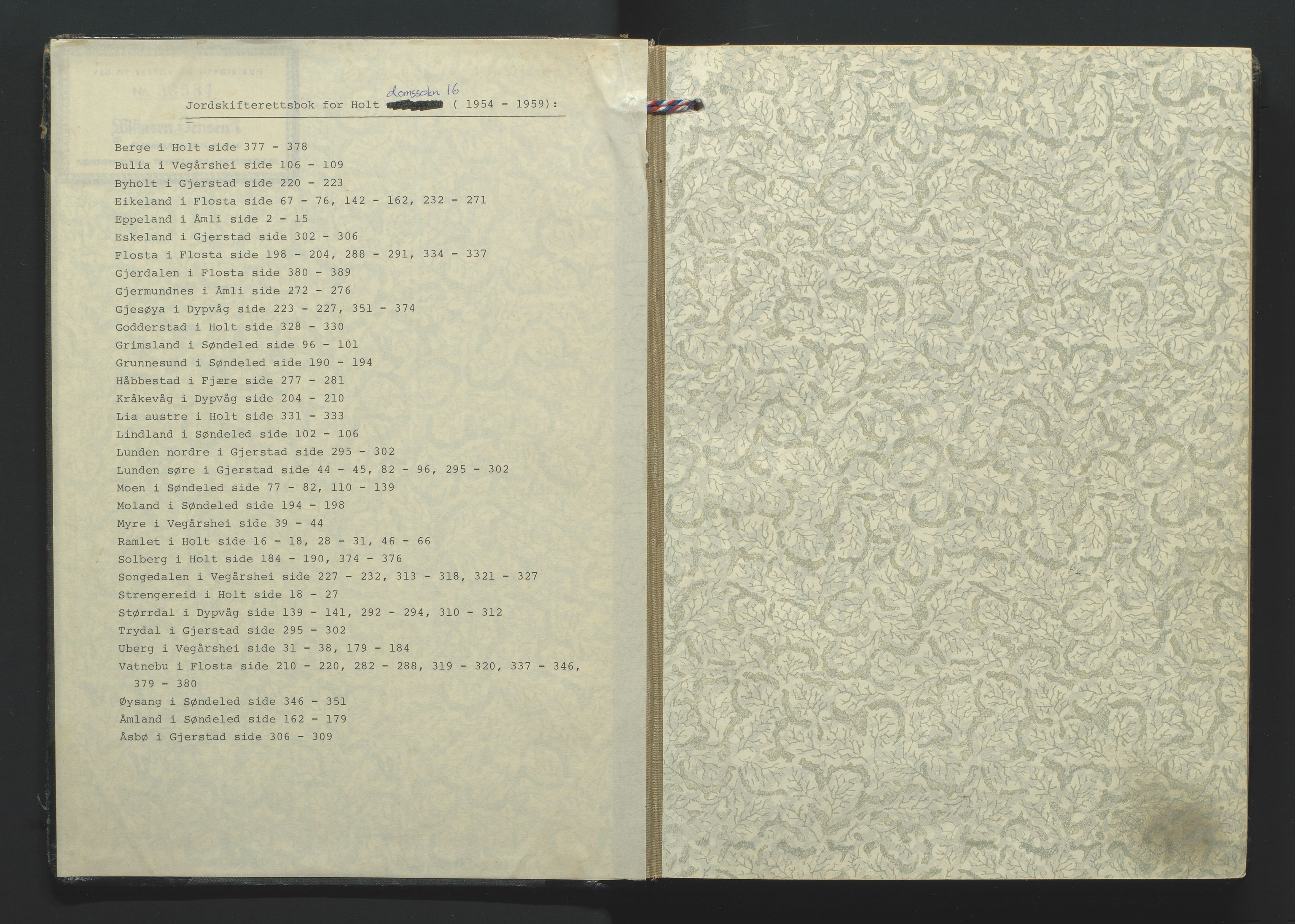 Nedenes jordskifterett, AV/SAK-1541-0007/F/Fa/Faa/L0003: Jordskifteprotokoll med gårdsregister, Holt domssokn nr 16, 1954-1959