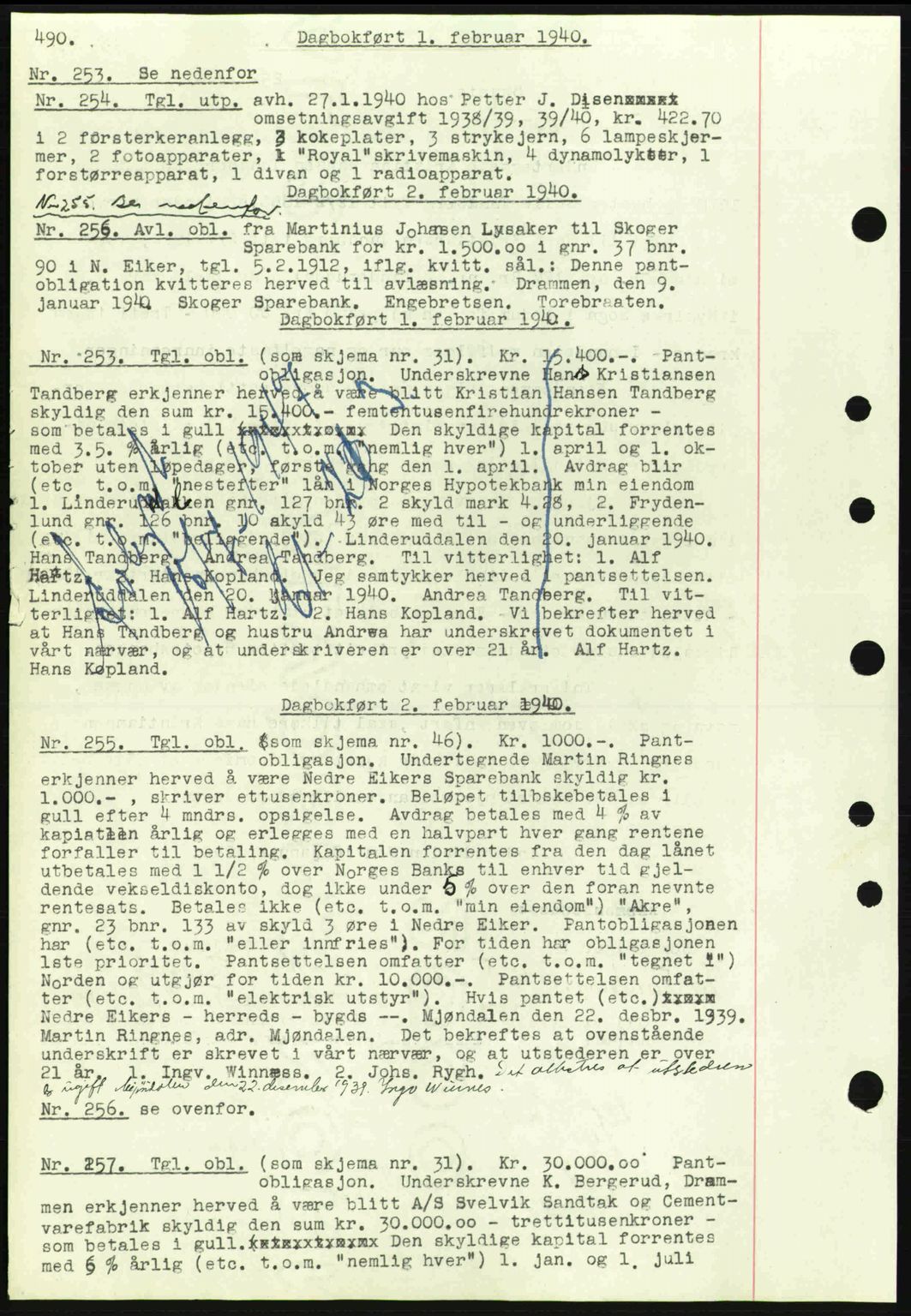 Eiker, Modum og Sigdal sorenskriveri, SAKO/A-123/G/Ga/Gab/L0041: Pantebok nr. A11, 1939-1940, Dagboknr: 253/1940