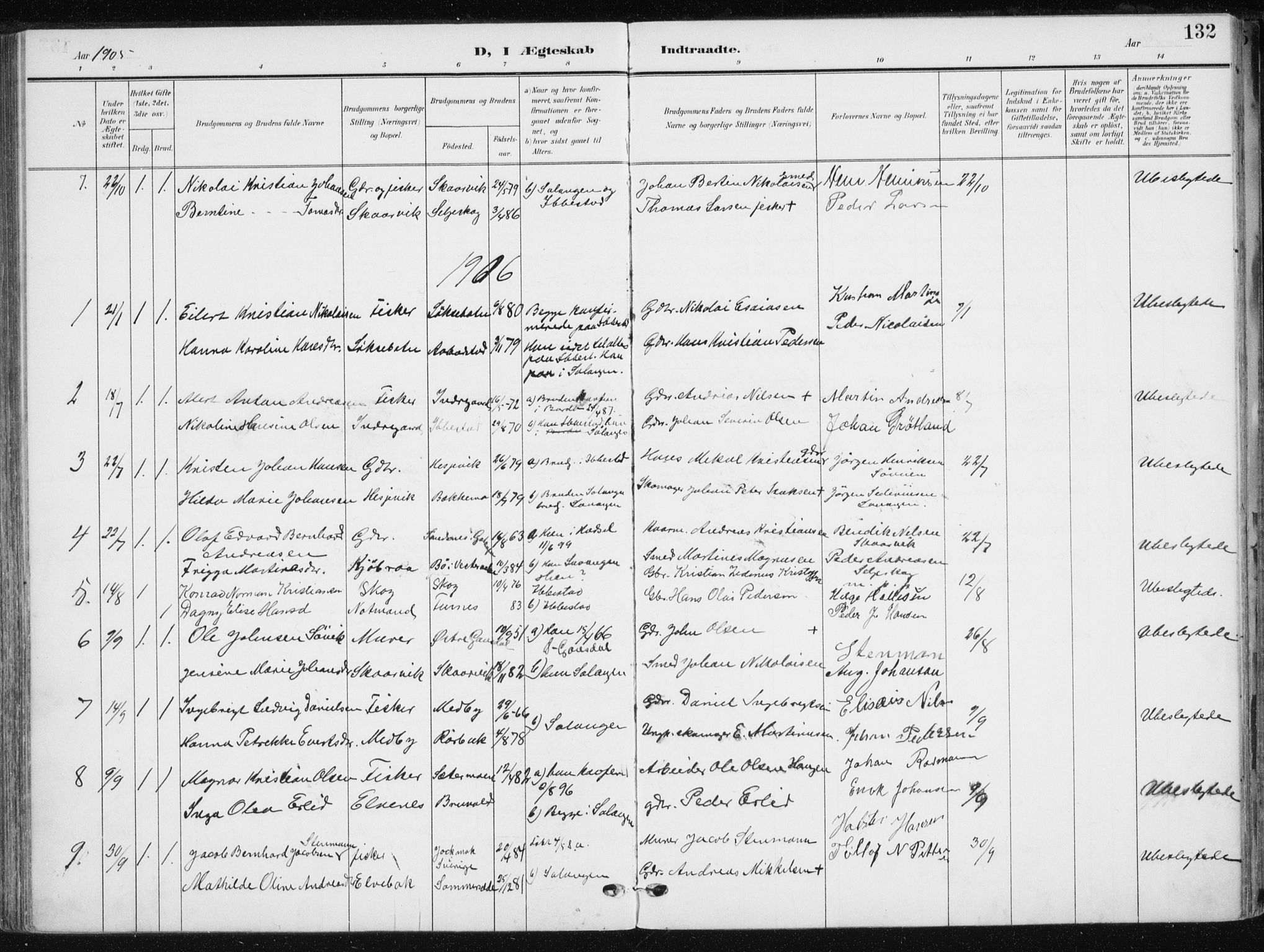 Salangen sokneprestembete, AV/SATØ-S-1324/H/Ha/L0002kirke: Ministerialbok nr. 2, 1902-1911, s. 132