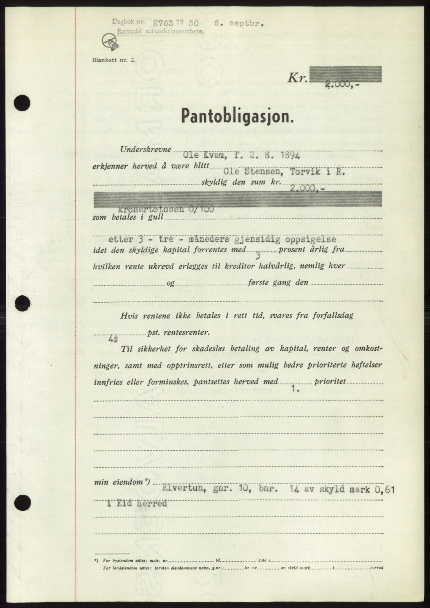 Romsdal sorenskriveri, AV/SAT-A-4149/1/2/2C: Pantebok nr. B5, 1949-1950, Dagboknr: 2763/1950