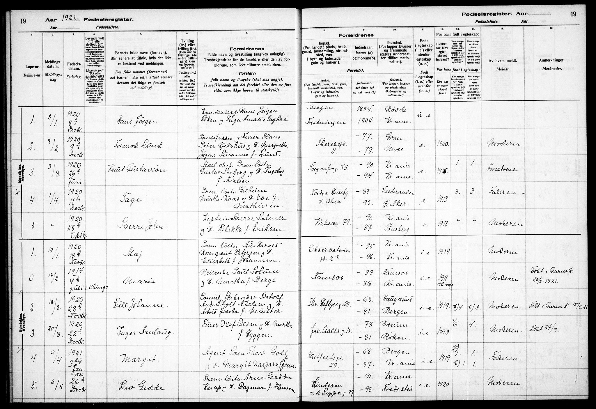 Garnisonsmenigheten Kirkebøker, AV/SAO-A-10846/J/Ja/L0001: Fødselsregister nr. 1, 1916-1938, s. 19