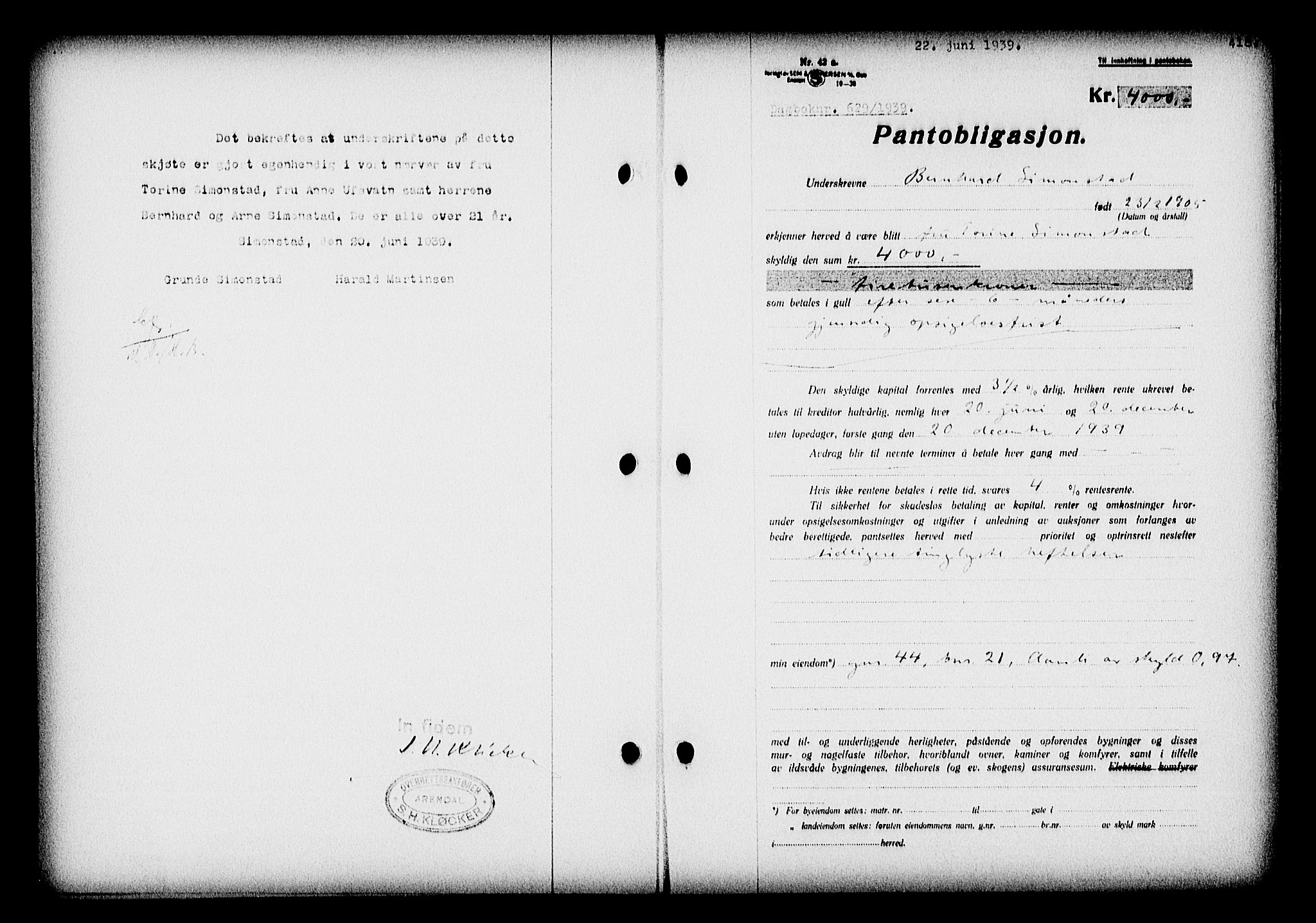 Nedenes sorenskriveri, SAK/1221-0006/G/Gb/Gba/L0046: Pantebok nr. 42, 1938-1939, Dagboknr: 629/1939