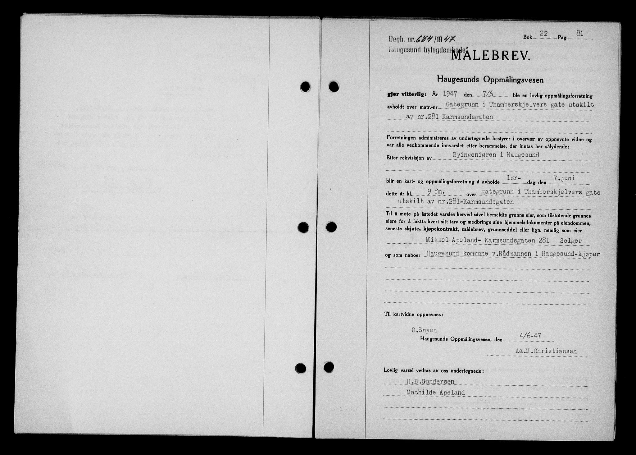 Haugesund tingrett, AV/SAST-A-101415/01/II/IIC/L0063: Pantebok nr. A 4, 1946-1948, Dagboknr: 684/1947