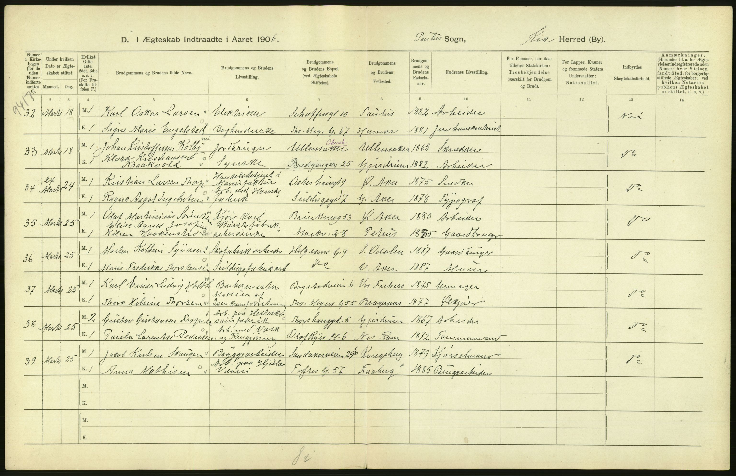 Statistisk sentralbyrå, Sosiodemografiske emner, Befolkning, AV/RA-S-2228/D/Df/Dfa/Dfad/L0008: Kristiania: Gifte, 1906, s. 558