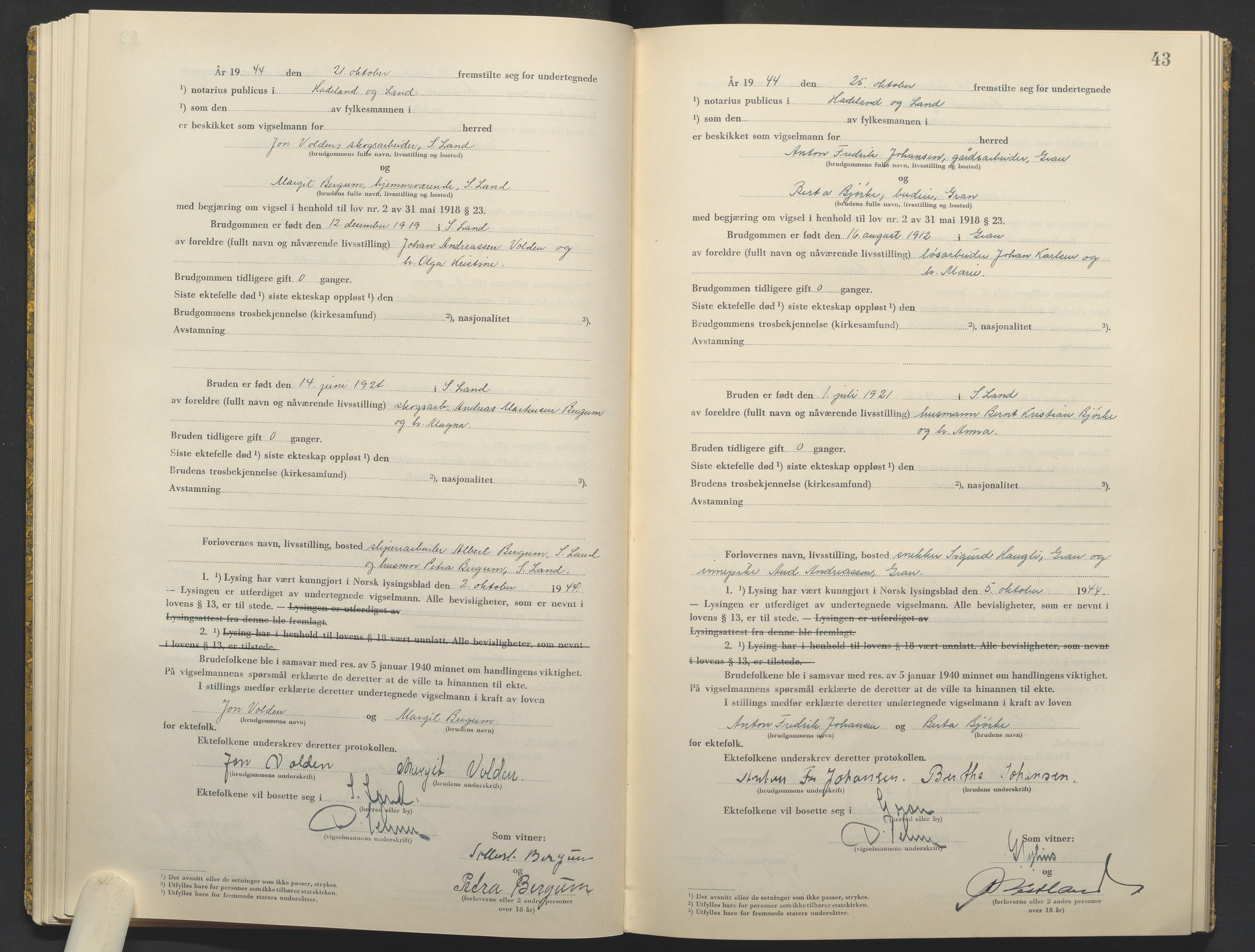 Hadeland og Land tingrett, AV/SAH-TING-010/L/Lb/L0003: Vigselbok, 1944-1946, s. 43