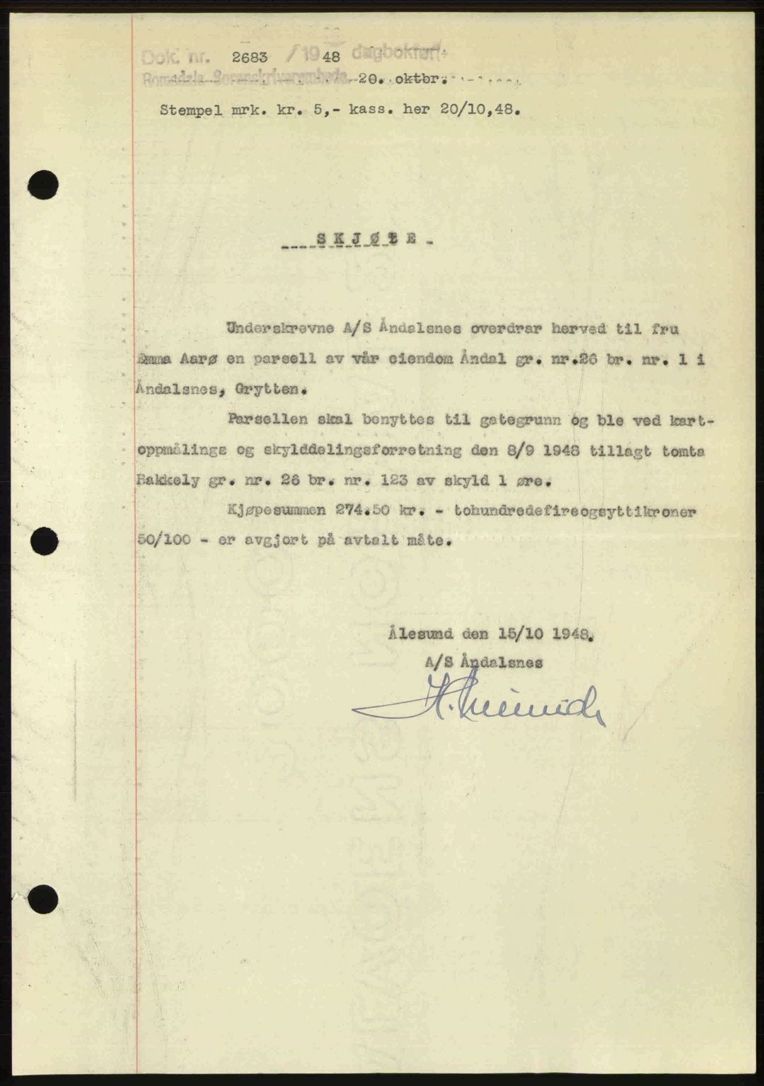 Romsdal sorenskriveri, SAT/A-4149/1/2/2C: Pantebok nr. A27, 1948-1948, Dagboknr: 2683/1948