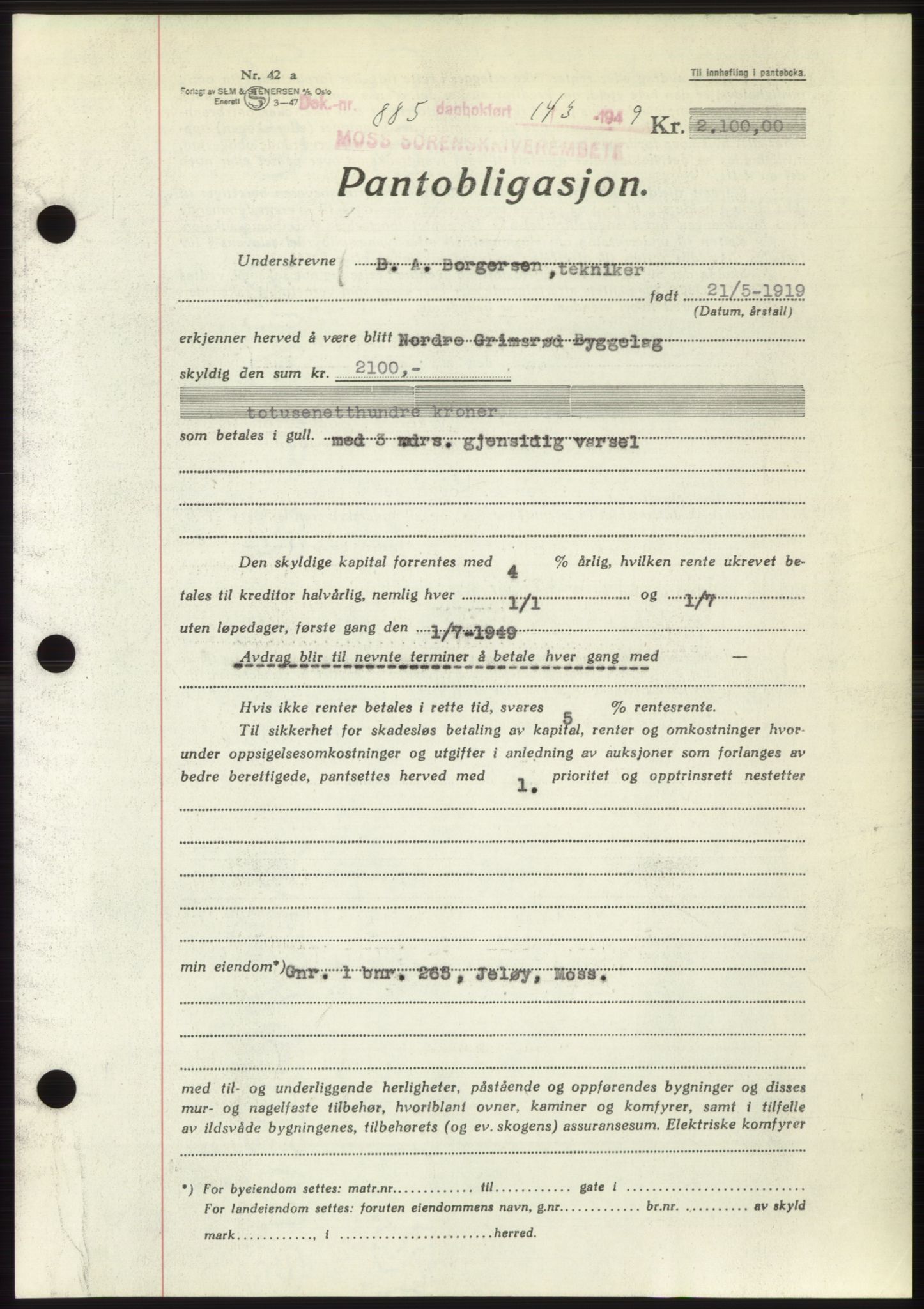 Moss sorenskriveri, SAO/A-10168: Pantebok nr. B21, 1949-1949, Dagboknr: 885/1949
