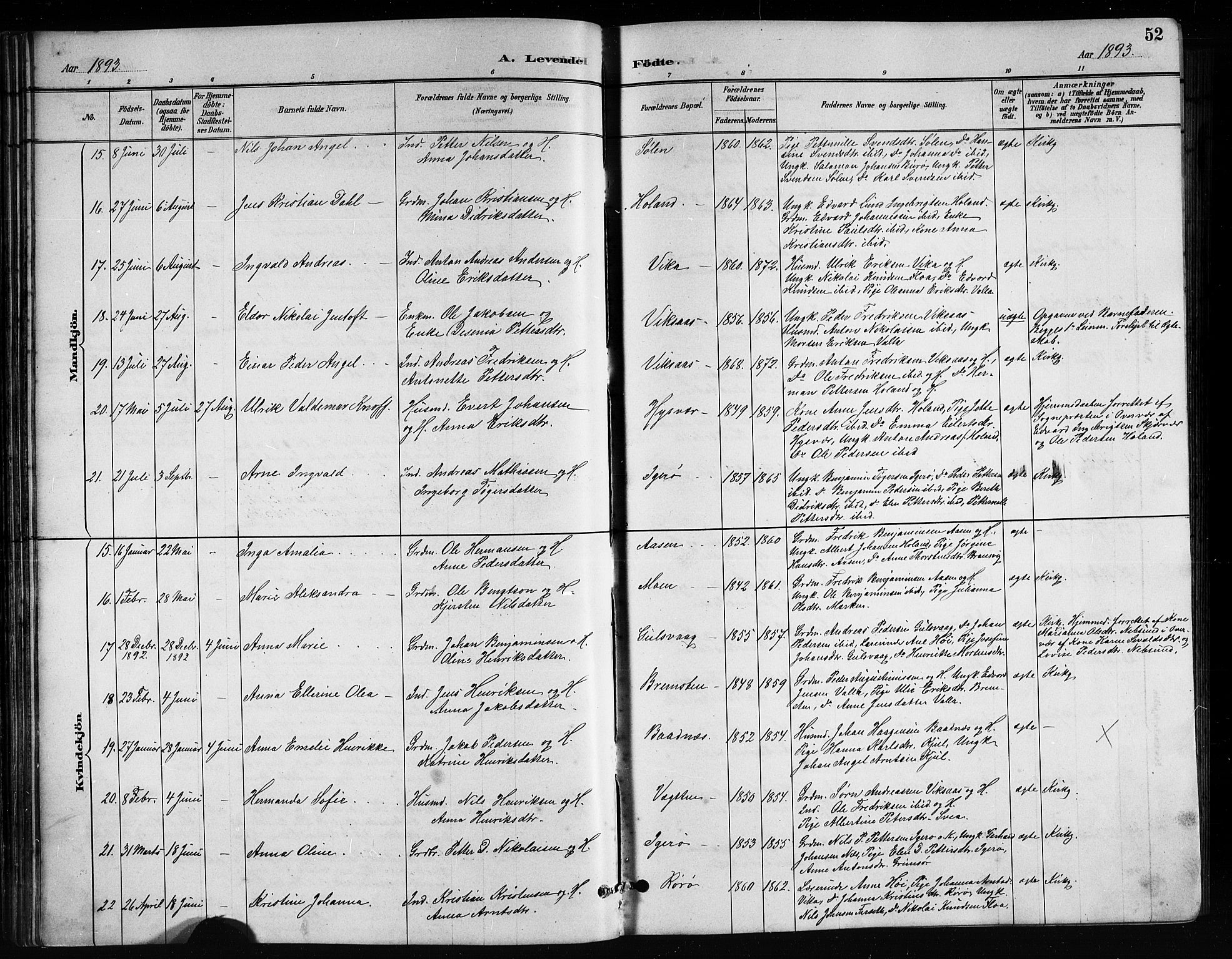 Ministerialprotokoller, klokkerbøker og fødselsregistre - Nordland, AV/SAT-A-1459/816/L0253: Klokkerbok nr. 816C03, 1886-1905, s. 52