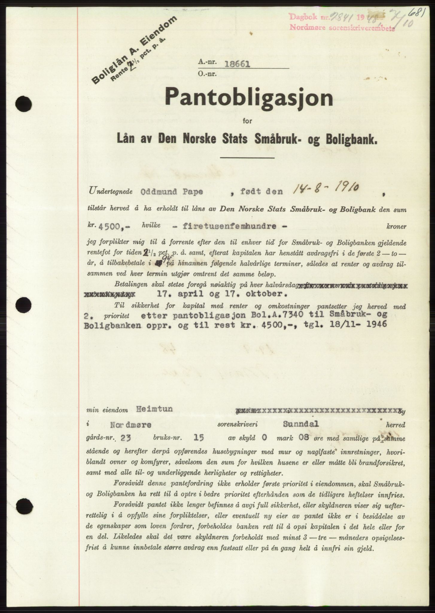Nordmøre sorenskriveri, SAT/A-4132/1/2/2Ca: Pantebok nr. B99, 1948-1948, Dagboknr: 2841/1948