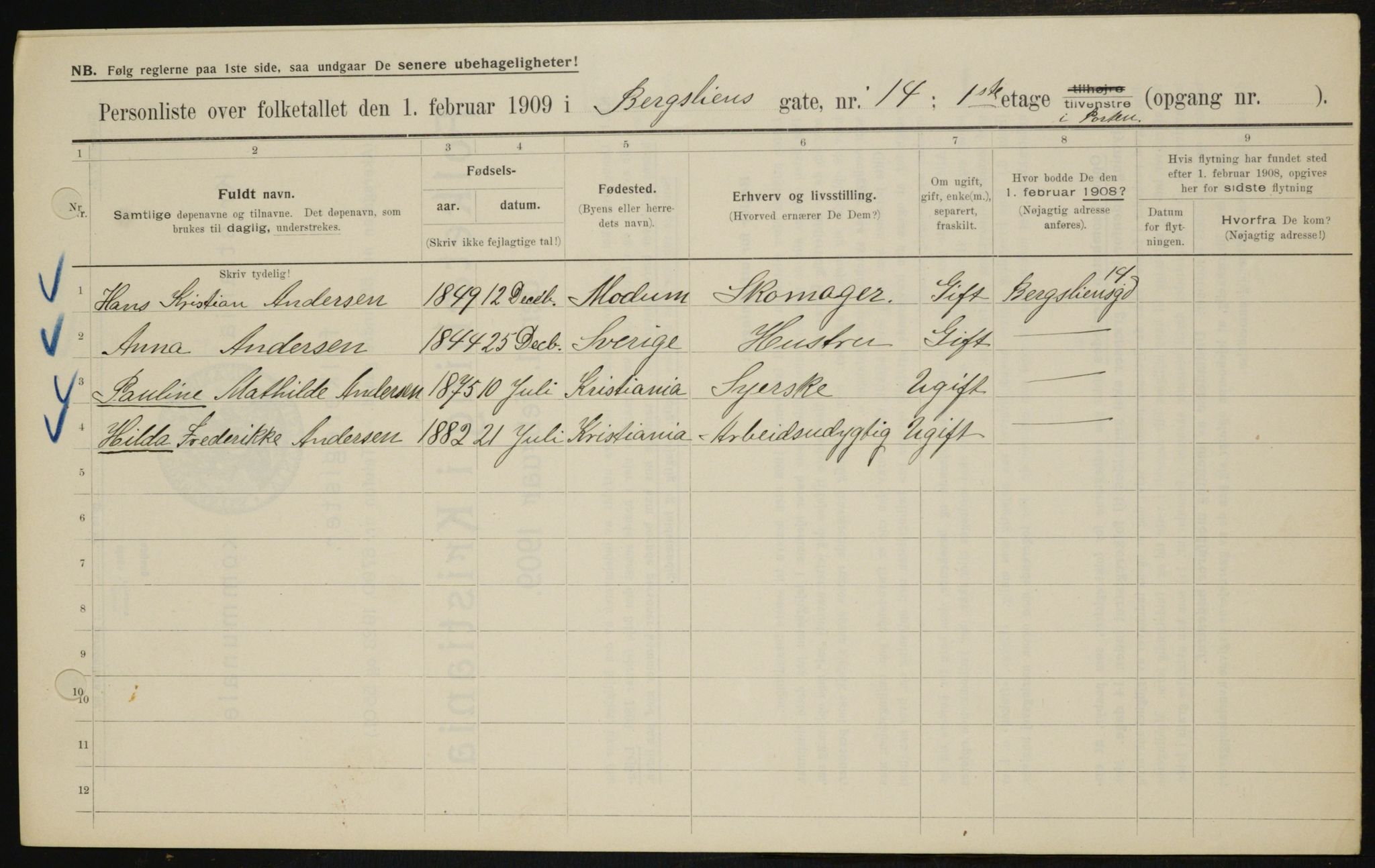 OBA, Kommunal folketelling 1.2.1909 for Kristiania kjøpstad, 1909, s. 3979