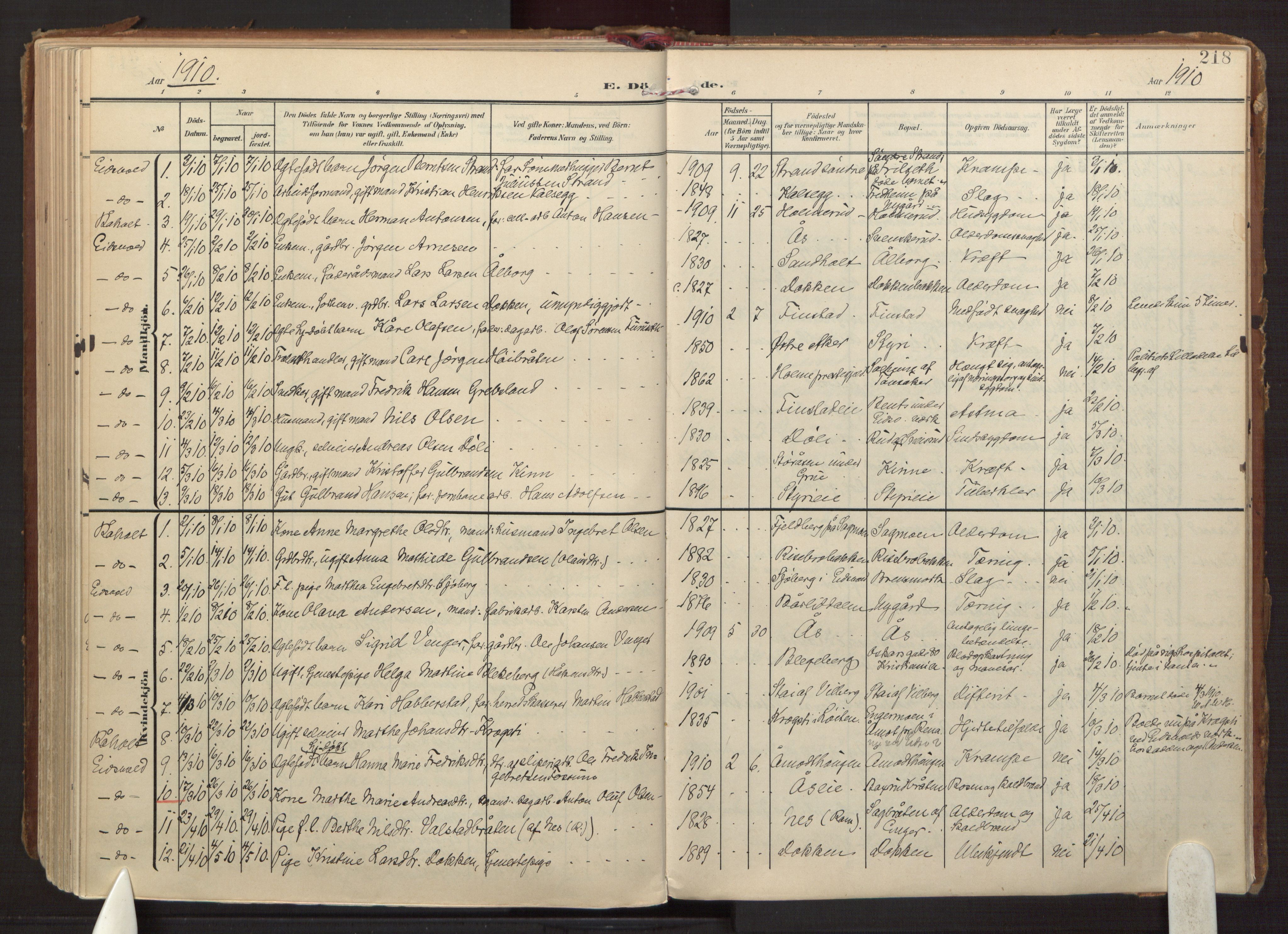 Eidsvoll prestekontor Kirkebøker, AV/SAO-A-10888/F/Fa/L0008: Ministerialbok nr. I 8, 1908-1920, s. 218