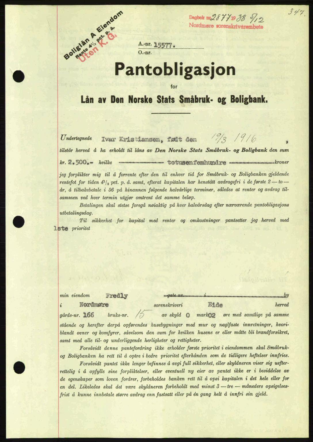 Nordmøre sorenskriveri, SAT/A-4132/1/2/2Ca: Pantebok nr. B84, 1938-1939, Dagboknr: 2877/1938