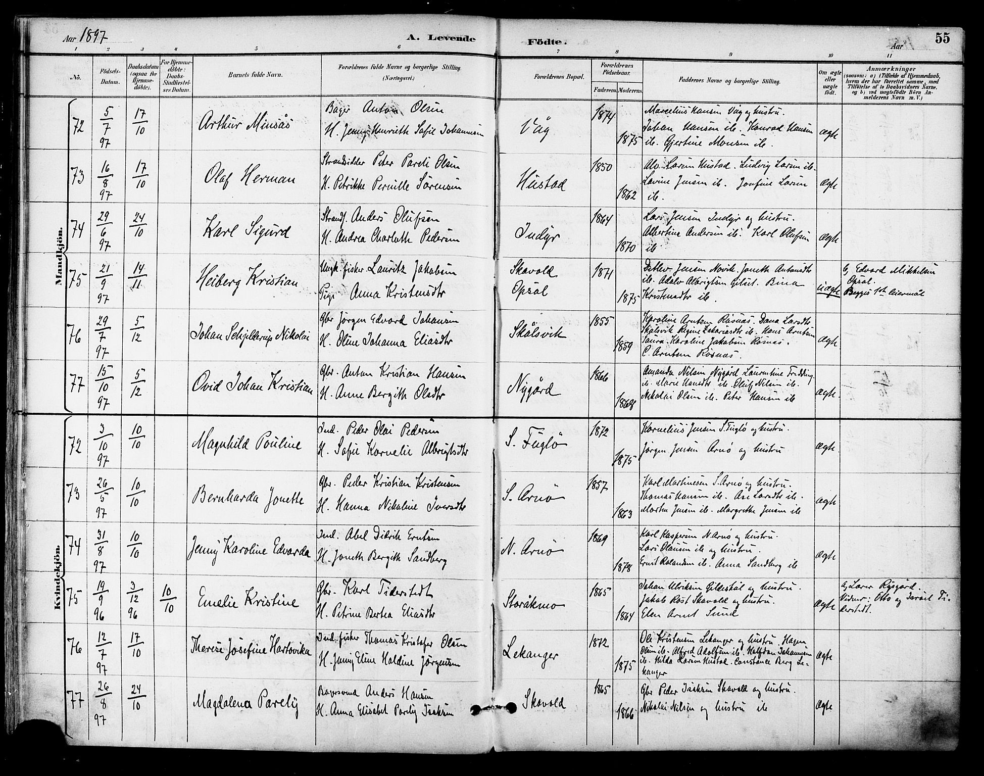 Ministerialprotokoller, klokkerbøker og fødselsregistre - Nordland, AV/SAT-A-1459/805/L0101: Ministerialbok nr. 805A07, 1892-1899, s. 55
