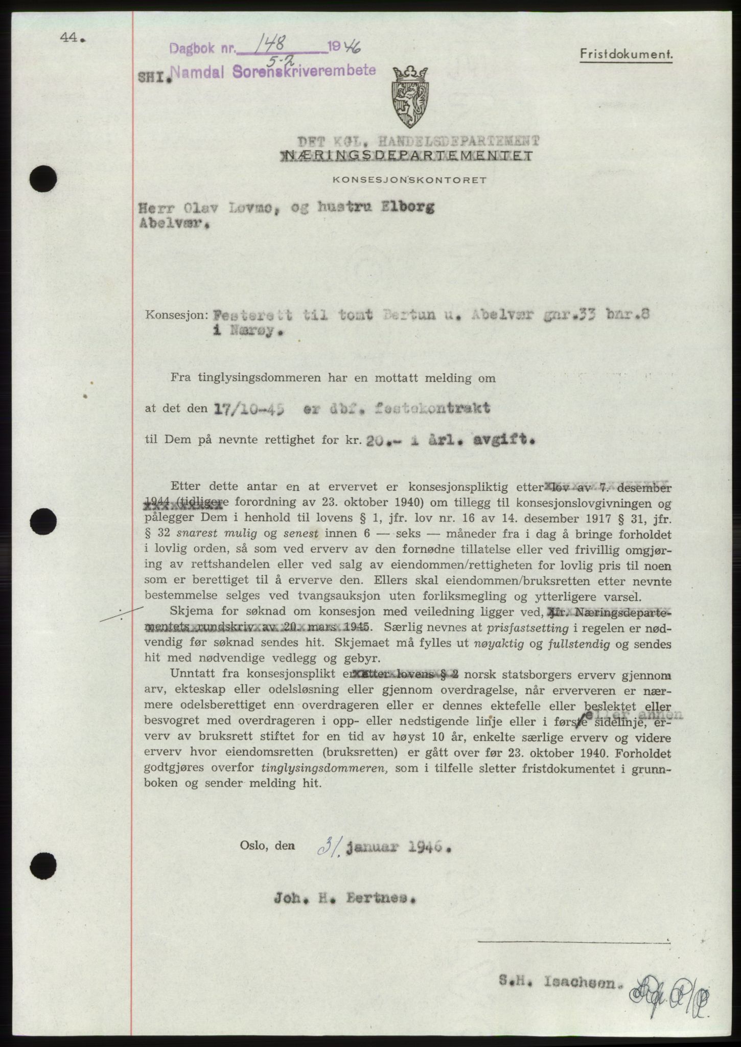 Namdal sorenskriveri, SAT/A-4133/1/2/2C: Pantebok nr. -, 1946-1946, Dagboknr: 148/1946