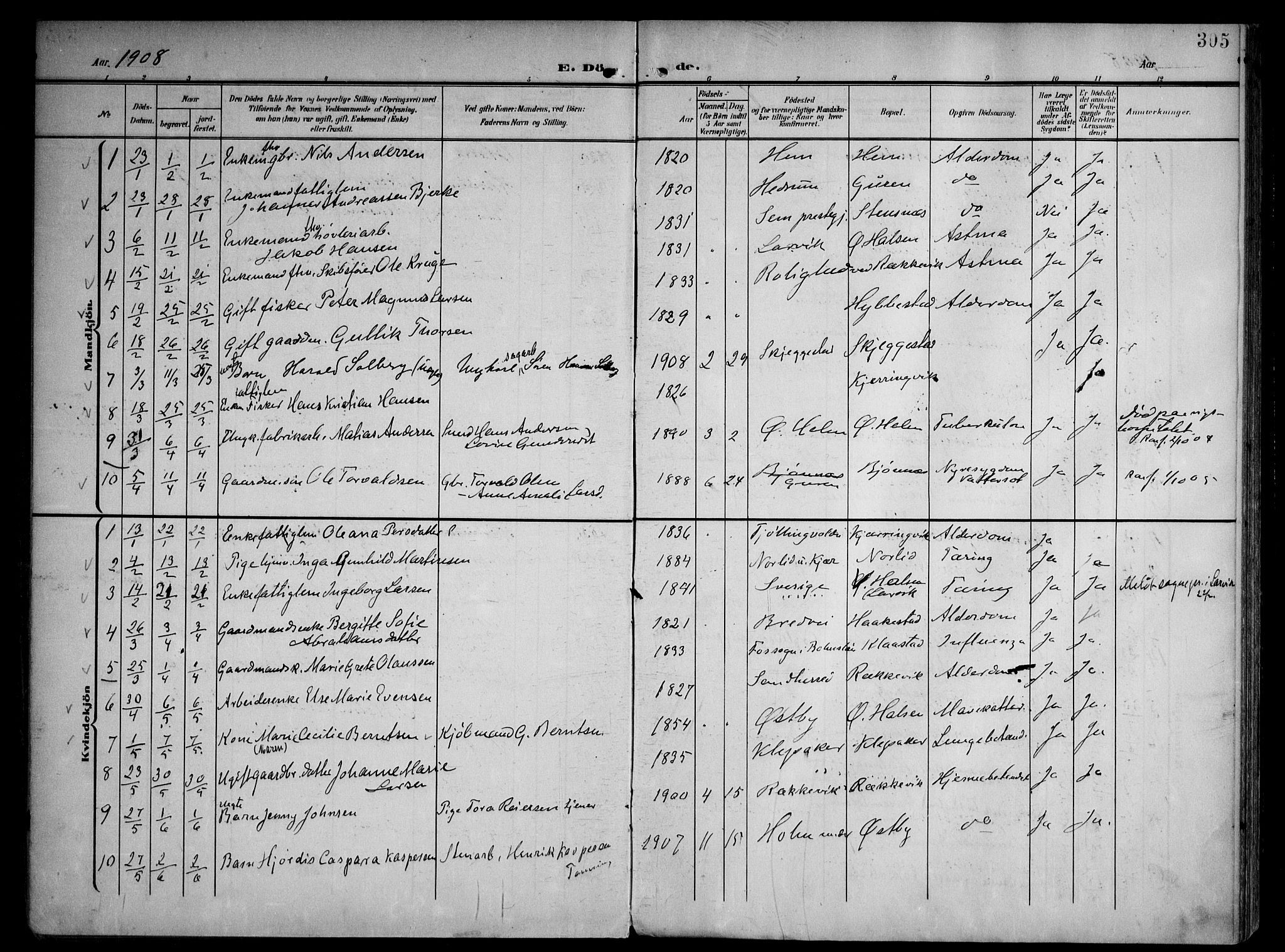 Tjølling kirkebøker, AV/SAKO-A-60/F/Fa/L0010: Ministerialbok nr. 10, 1906-1923, s. 305