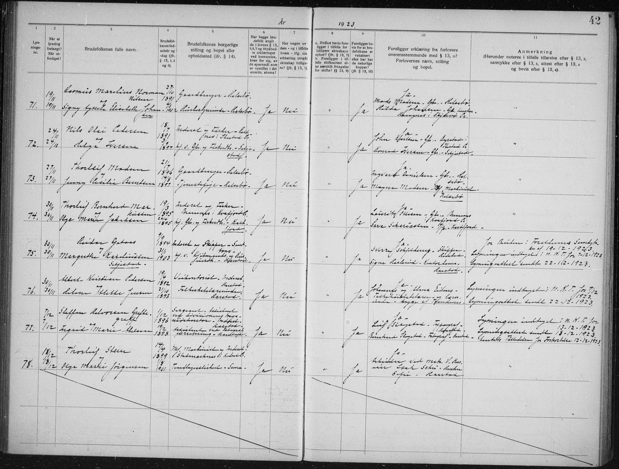 Trondenes sokneprestkontor, AV/SATØ-S-1319/I/Ib/L0099: Lysningsprotokoll nr. 99, 1919-1930, s. 42