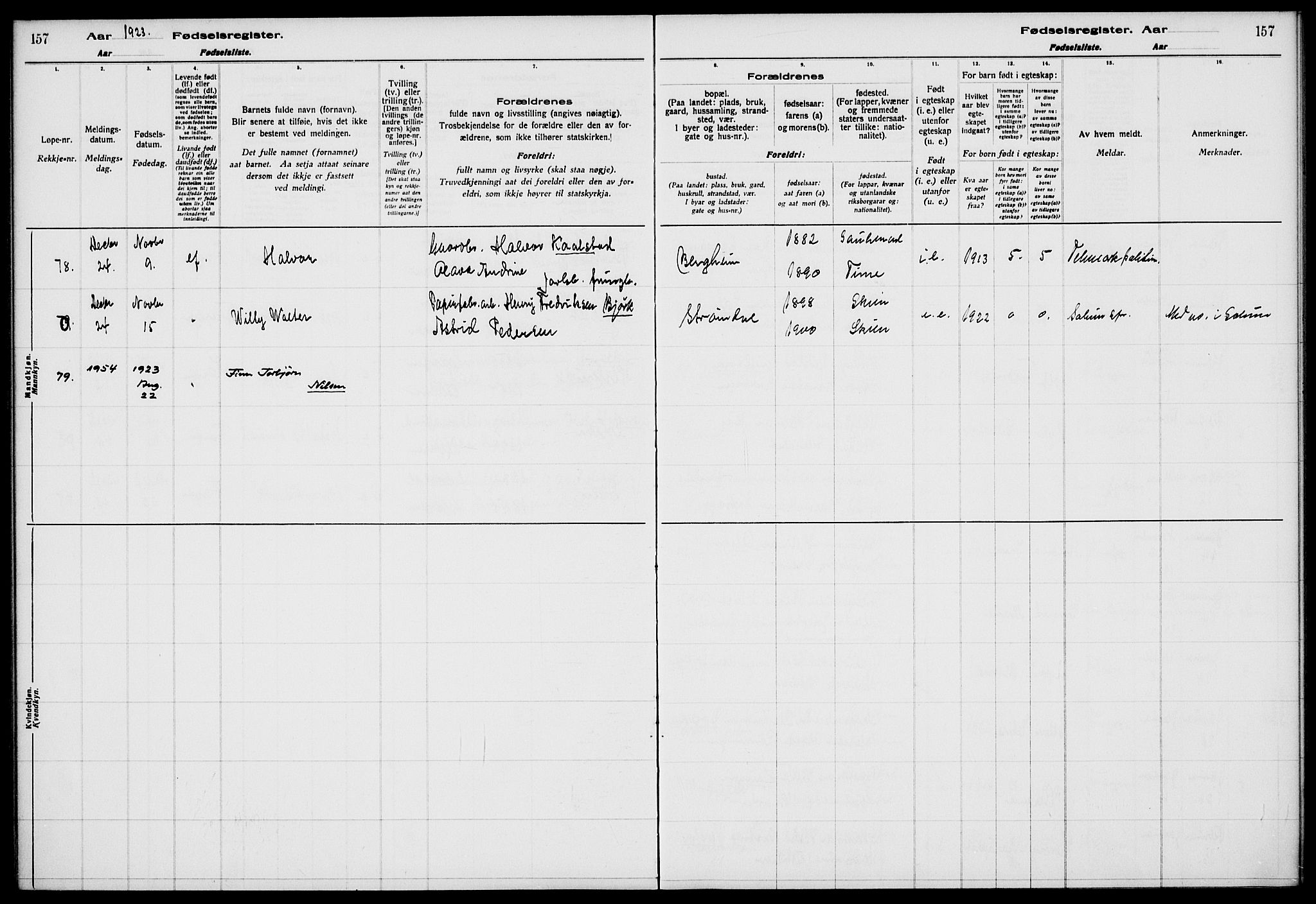 Gjerpen kirkebøker, AV/SAKO-A-265/J/Ja/L0001: Fødselsregister nr. I 1, 1916-1926, s. 157