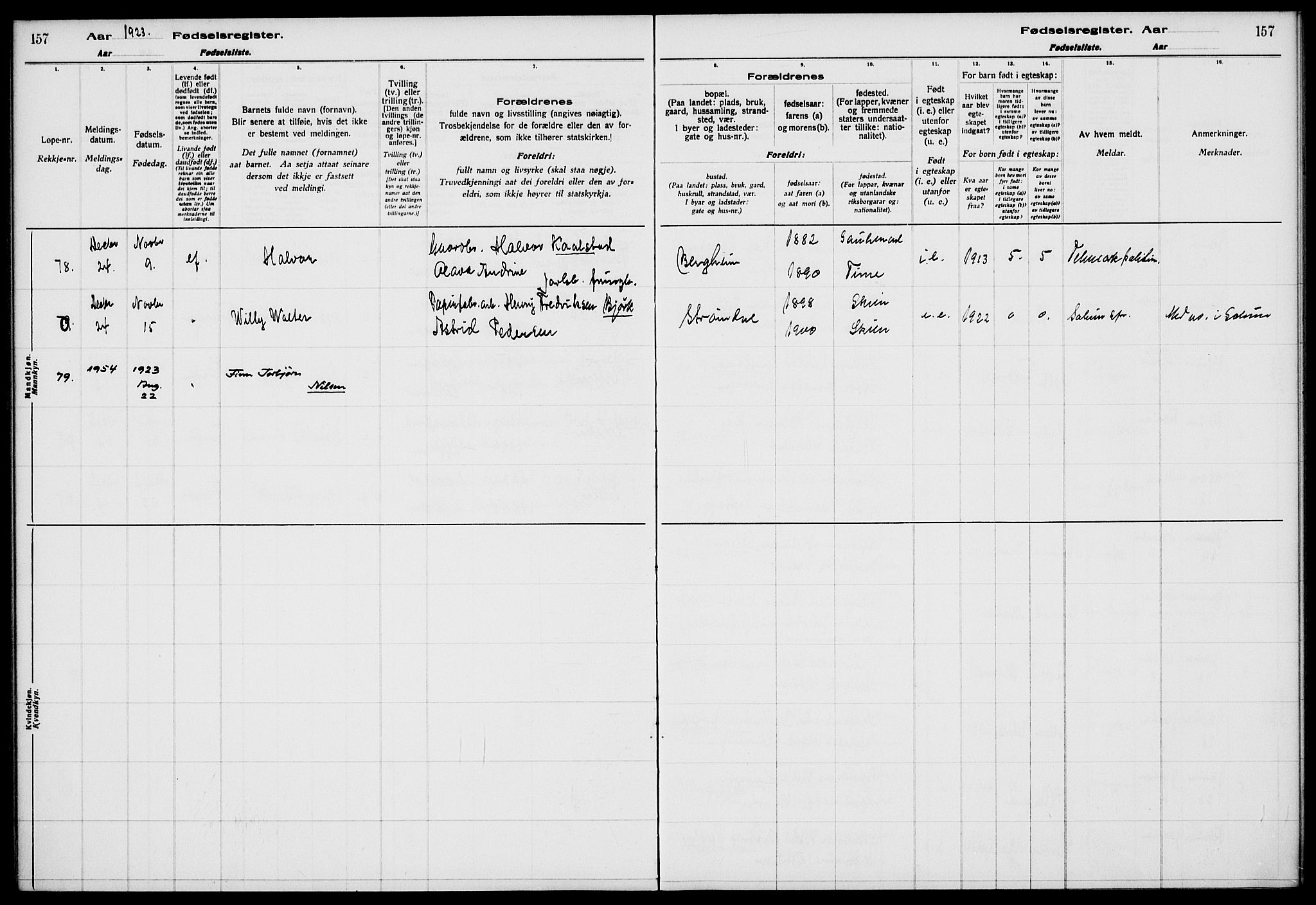 Gjerpen kirkebøker, SAKO/A-265/J/Ja/L0001: Fødselsregister nr. 1, 1916-1926, s. 157