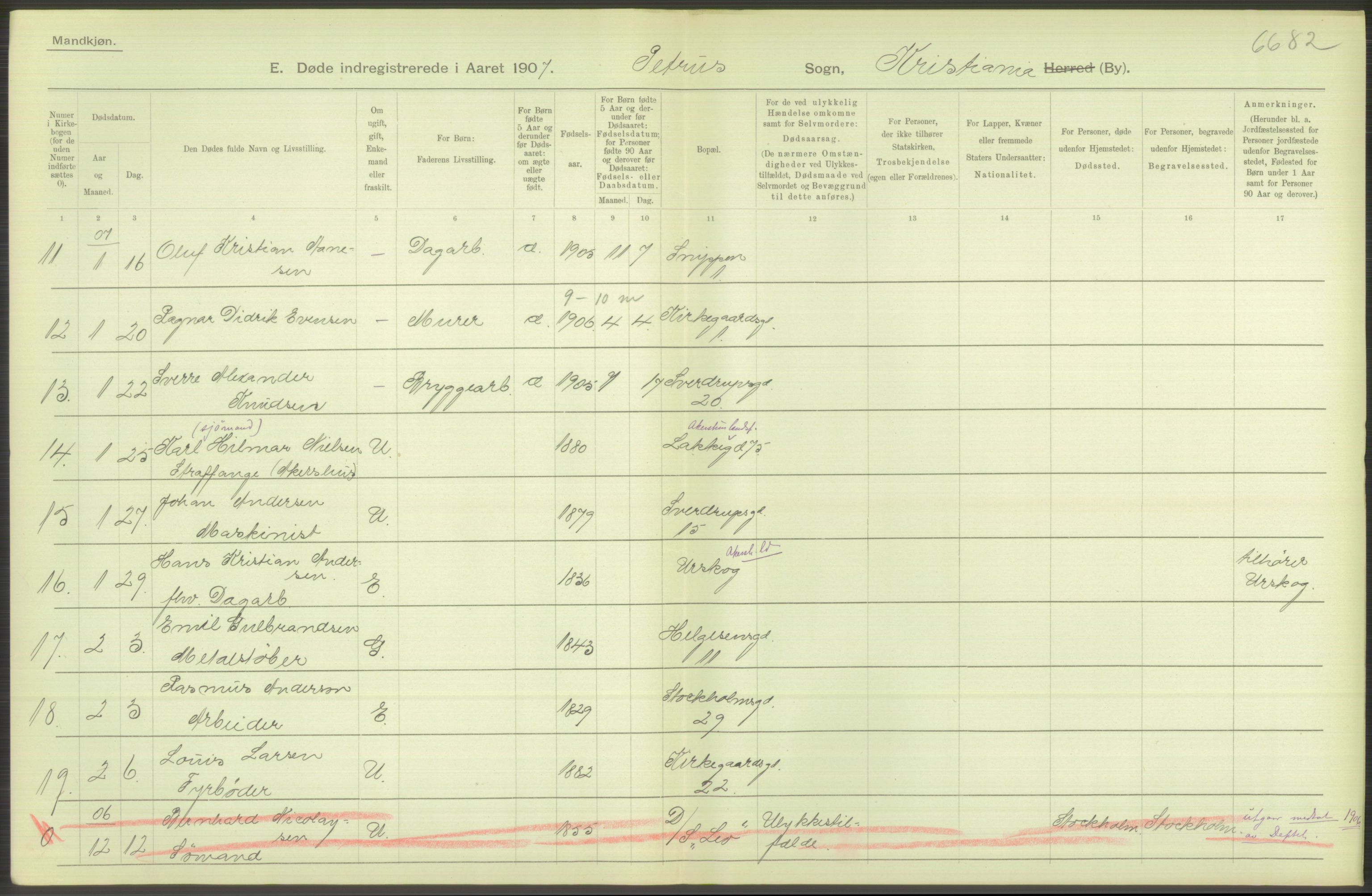 Statistisk sentralbyrå, Sosiodemografiske emner, Befolkning, AV/RA-S-2228/D/Df/Dfa/Dfae/L0010: Kristiania: Døde, dødfødte, 1907, s. 276