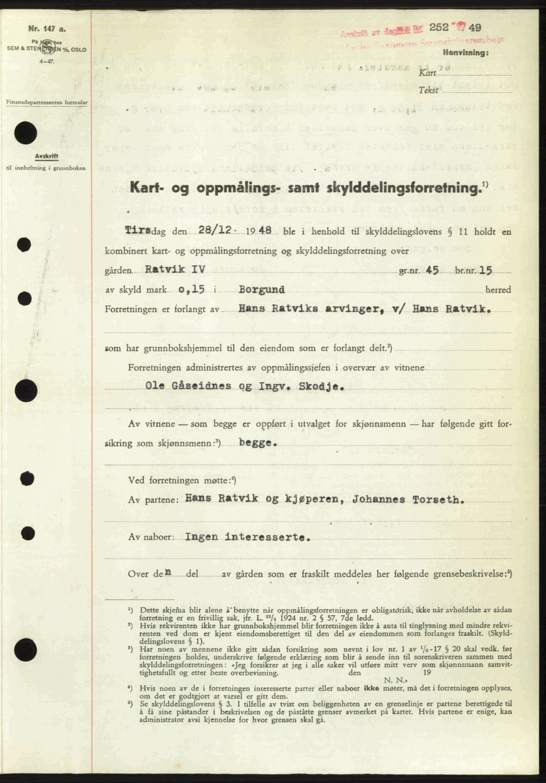 Nordre Sunnmøre sorenskriveri, SAT/A-0006/1/2/2C/2Ca: Pantebok nr. A30, 1949-1949, Dagboknr: 252/1949