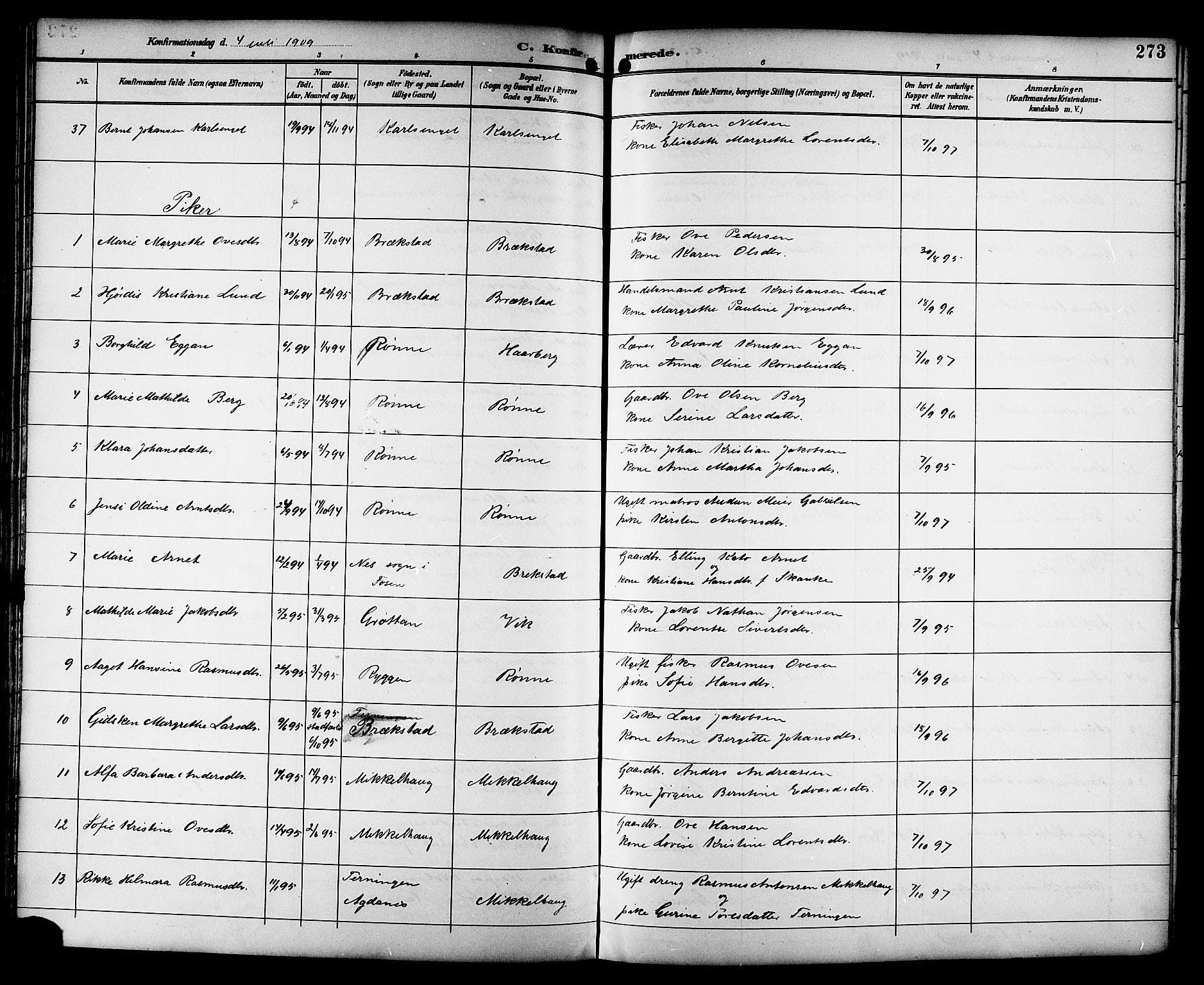 Ministerialprotokoller, klokkerbøker og fødselsregistre - Sør-Trøndelag, SAT/A-1456/659/L0746: Klokkerbok nr. 659C03, 1893-1912, s. 273