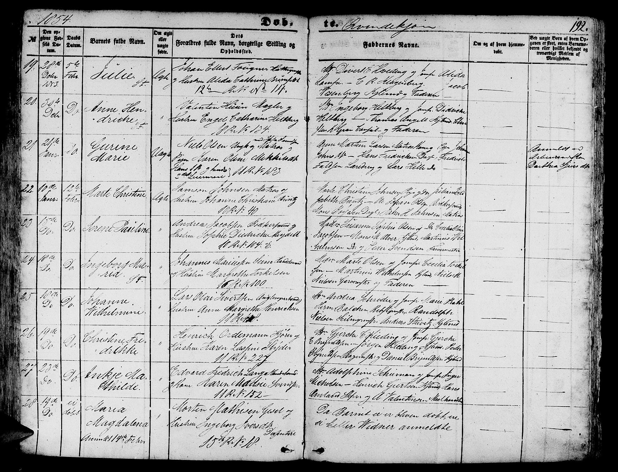 Domkirken sokneprestembete, AV/SAB-A-74801/H/Hab/L0010: Klokkerbok nr. B 3, 1849-1856, s. 192