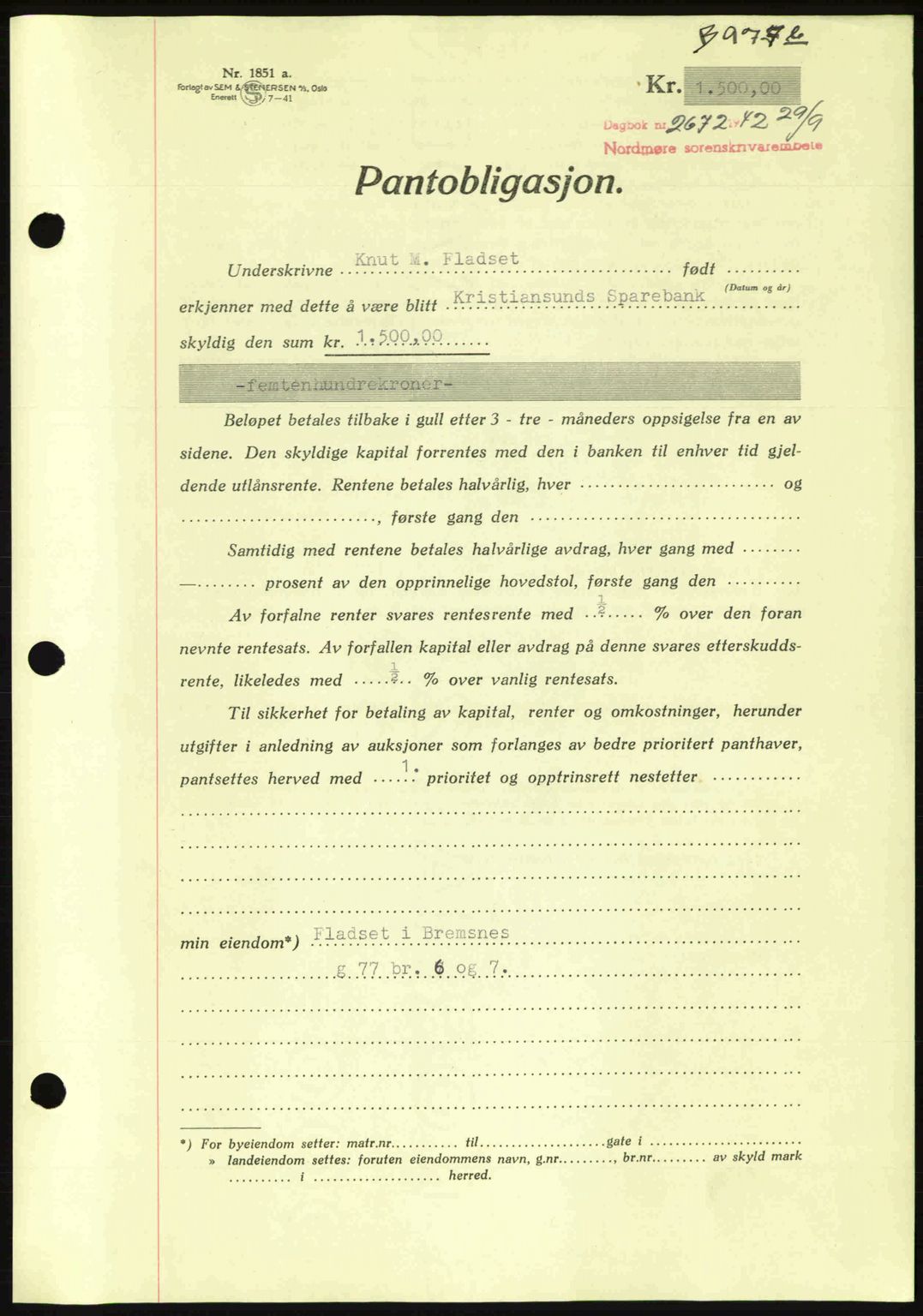 Nordmøre sorenskriveri, AV/SAT-A-4132/1/2/2Ca: Pantebok nr. B89, 1942-1942, Dagboknr: 2672/1942