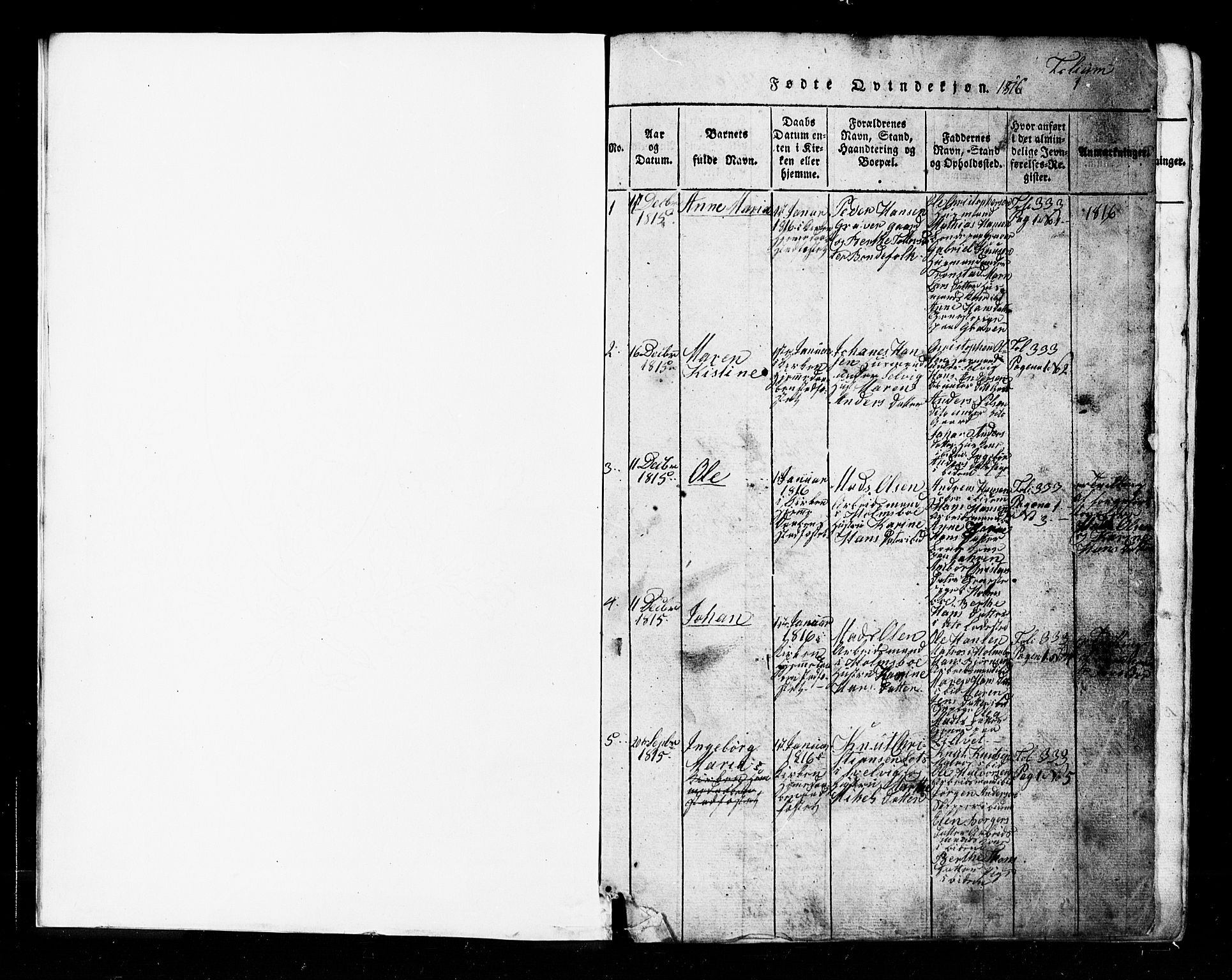 Hurum kirkebøker, AV/SAKO-A-229/G/Ga/L0001: Klokkerbok nr. I 1, 1816-1826, s. 1