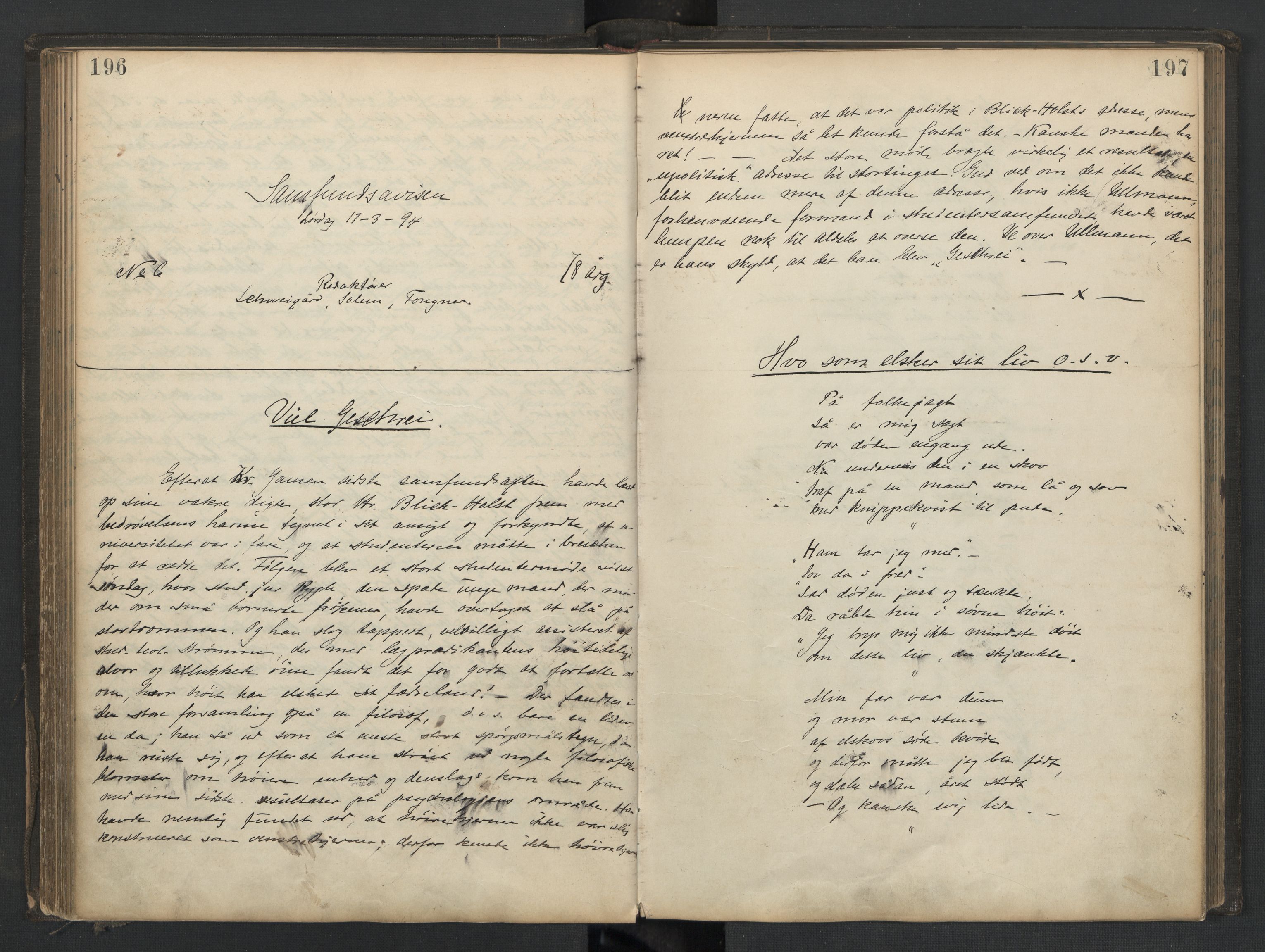 Det Norske Studentersamfund, AV/RA-PA-1322/X/Xa/L0013/0002: -- / Samfundsbladet/Studentersamfundets Avis, 1892-1895, s. 196-197