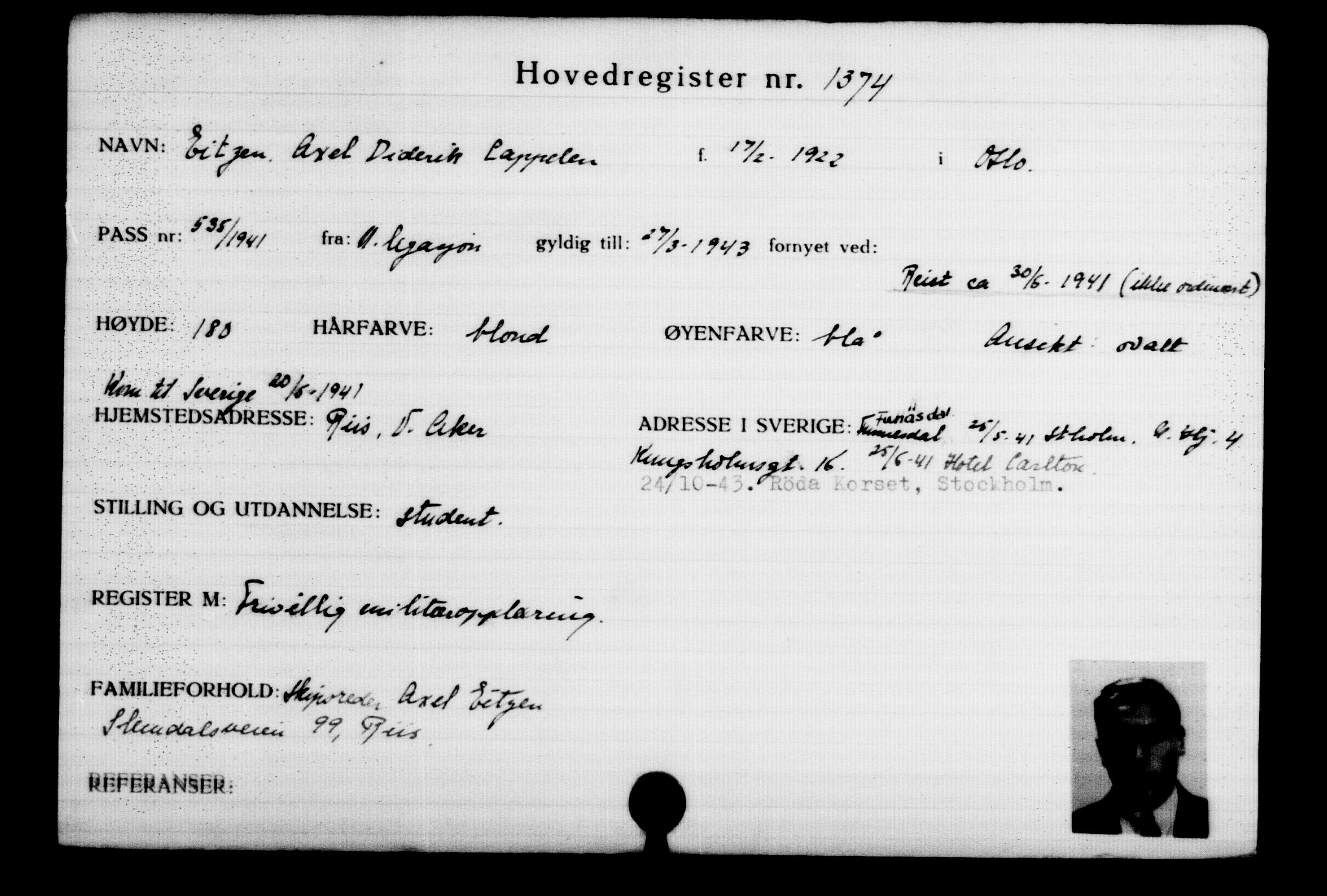 Utenriksstasjonene, Legasjonen i Stockholm, Flyktningkontoret, AV/RA-S-6753/V/Va/L0002: Kjesäterkartoteket, flyktninger med registreringsnr. 1001-2000, 1940-1945, s. 538