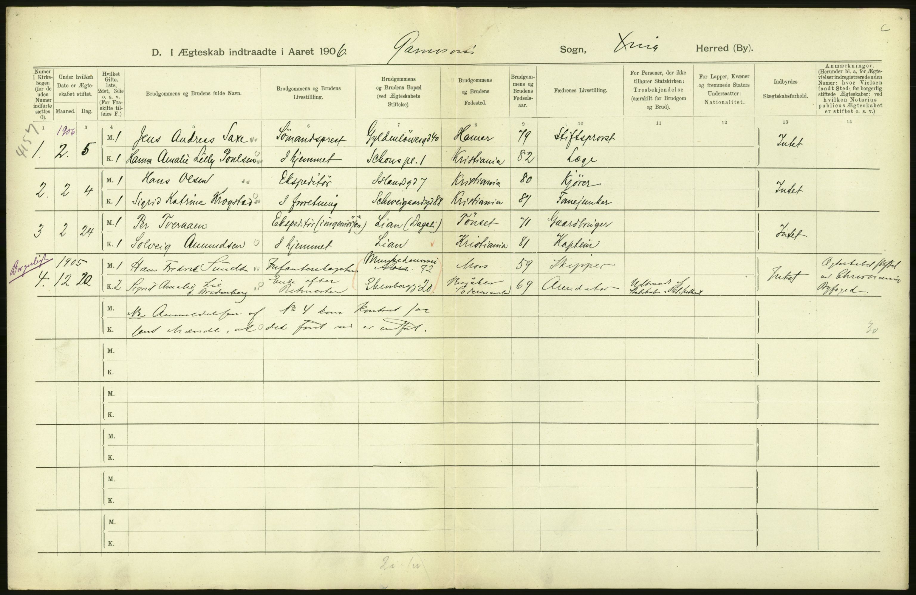 Statistisk sentralbyrå, Sosiodemografiske emner, Befolkning, AV/RA-S-2228/D/Df/Dfa/Dfad/L0008: Kristiania: Gifte, 1906, s. 434